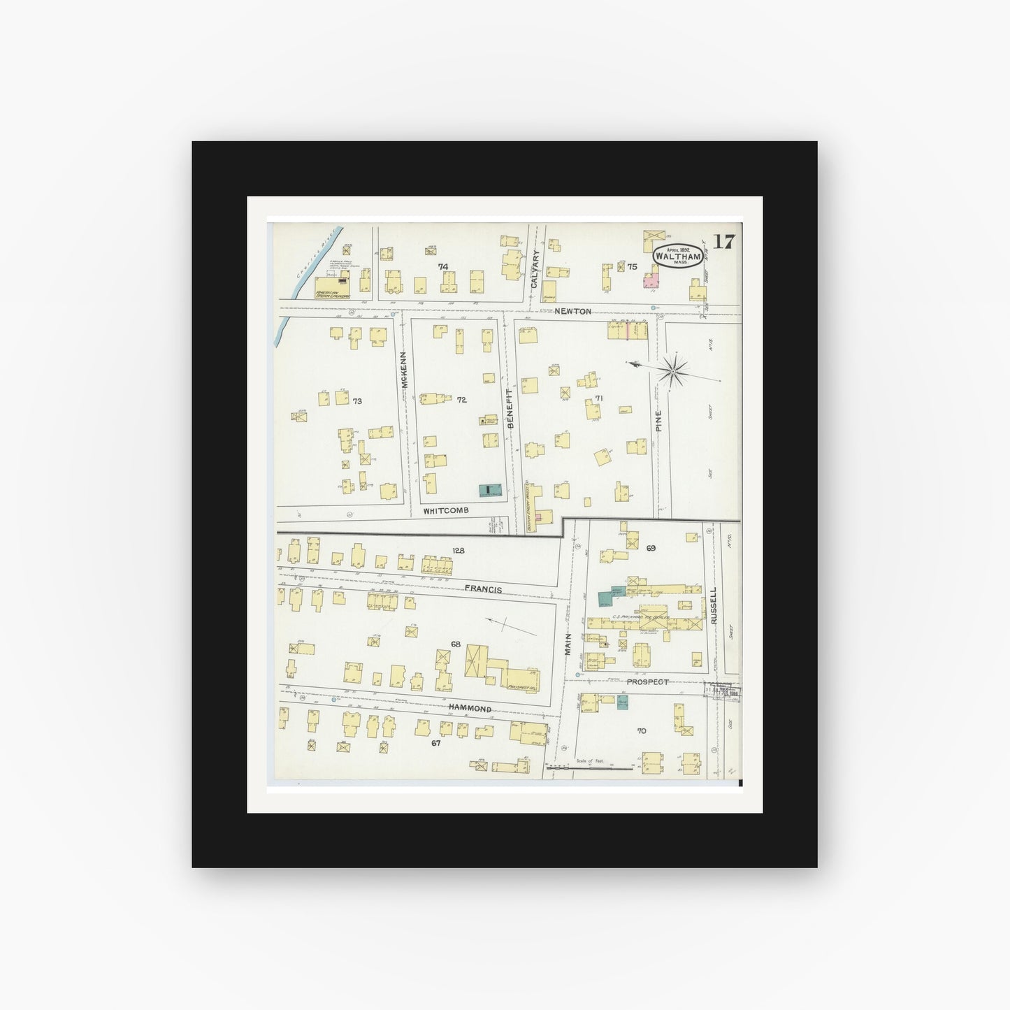 Old map wall art mockup — black gallery frame with white mat — Sanborn Fire Insurance Map from Waltham, Middlesex County, Massachusetts (1892), Sheet #0017