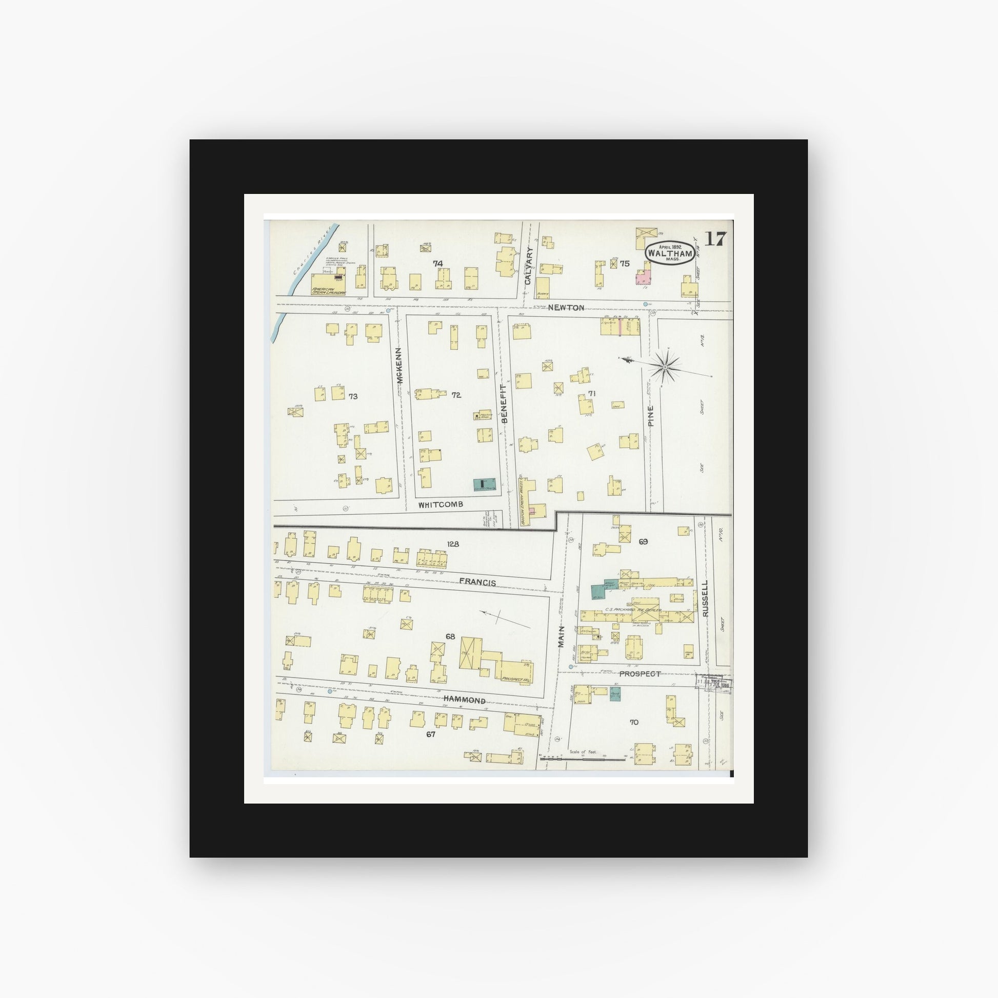 Old map wall art mockup — black gallery frame with white mat — Sanborn Fire Insurance Map from Waltham, Middlesex County, Massachusetts (1892), Sheet #0017