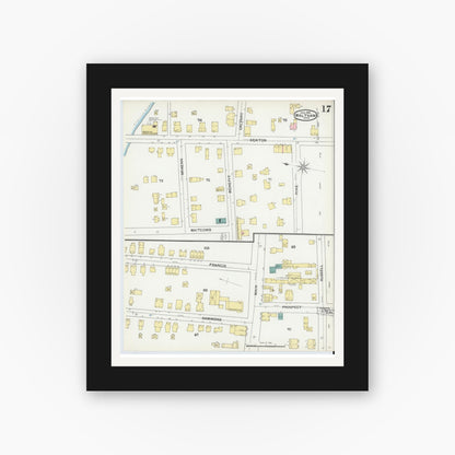 Old map wall art mockup — black gallery frame with white mat — Sanborn Fire Insurance Map from Waltham, Middlesex County, Massachusetts (1892), Sheet #0017