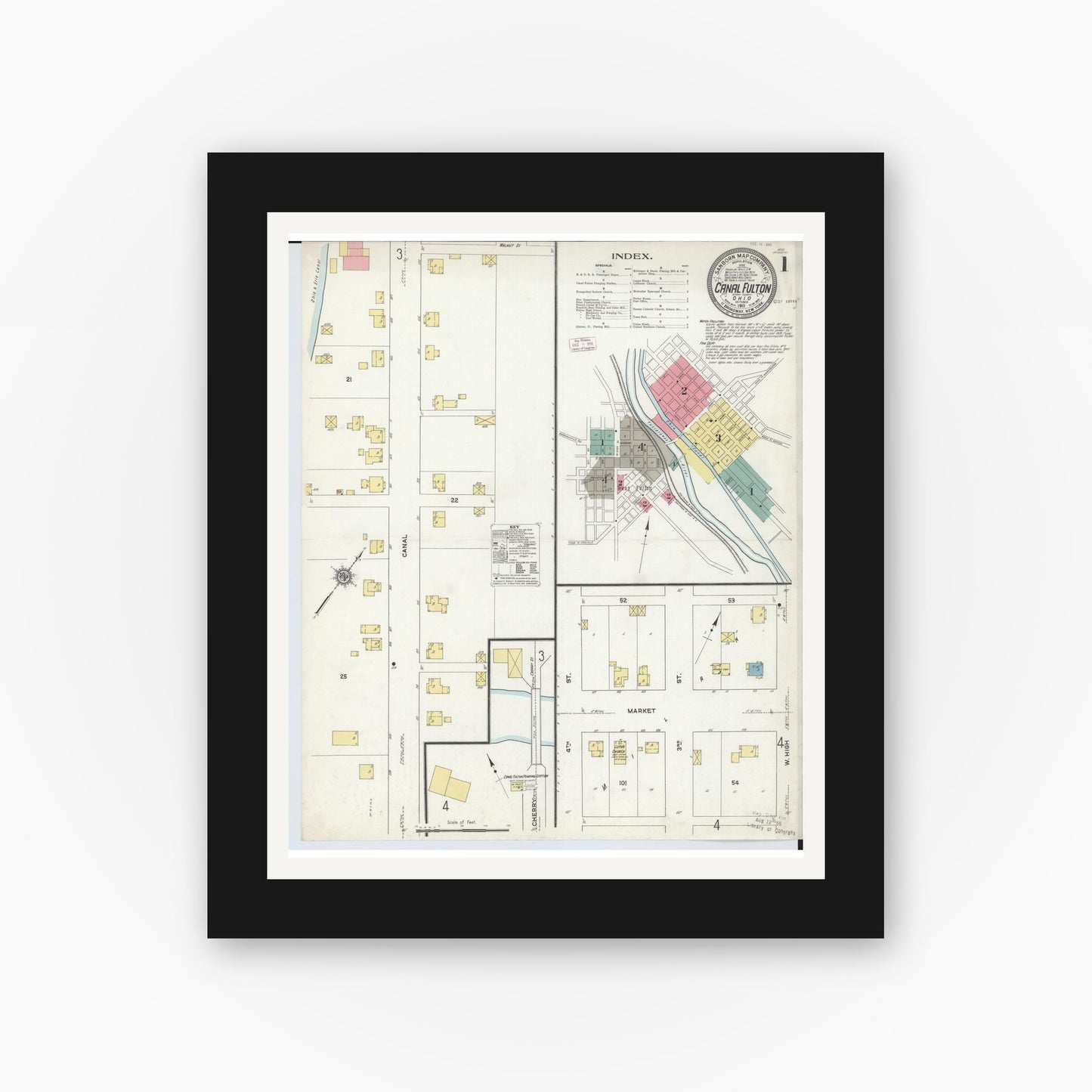 Old map wall art mockup — black gallery frame with white mat — Sanborn Fire Insurance Map from Canal Fulton, Stark County, Ohio (1911), Sheet #0001