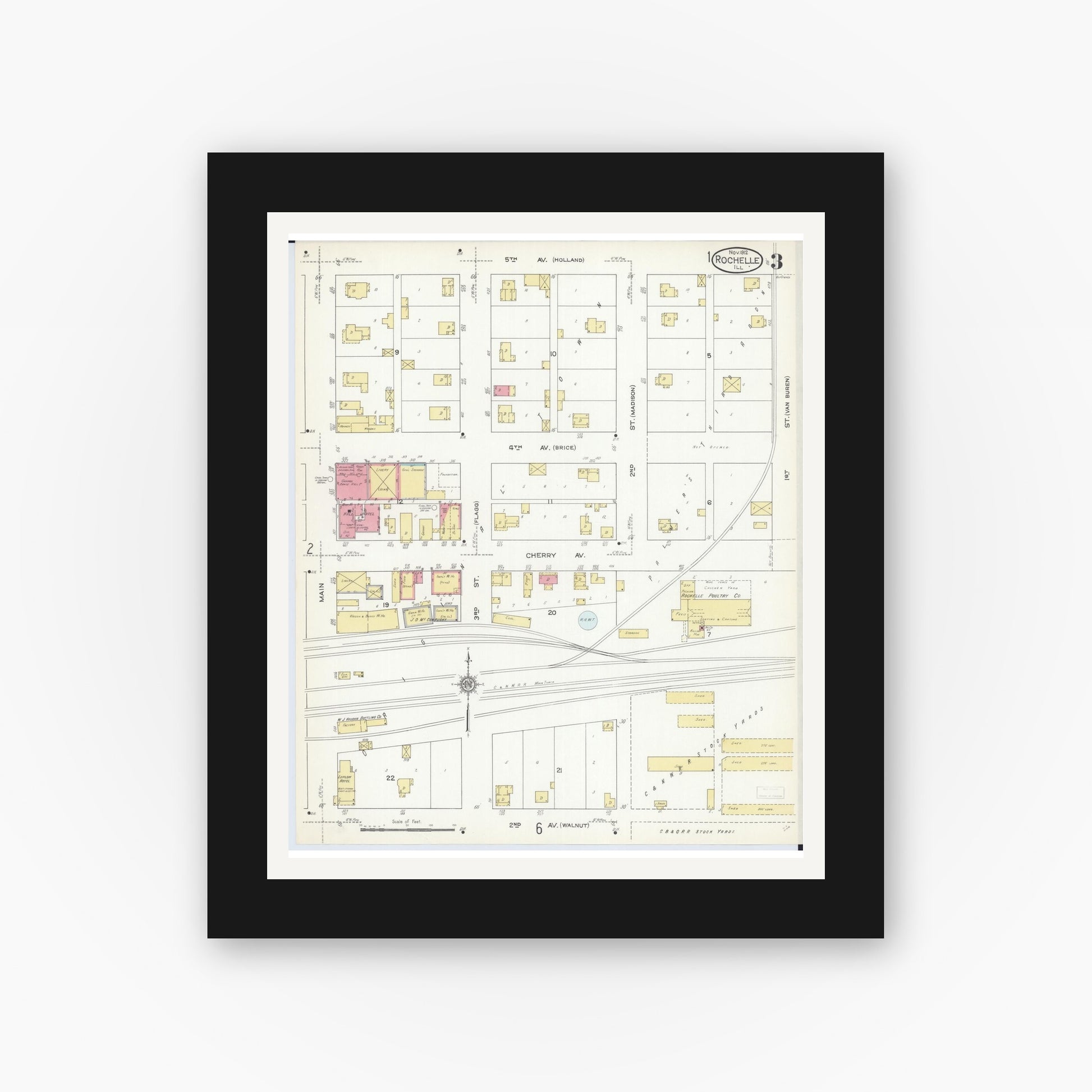 Old map wall art mockup — black gallery frame with white mat — Sanborn Fire Insurance Map from Rochelle, Ogle County, Illinois (1912), Sheet #0003