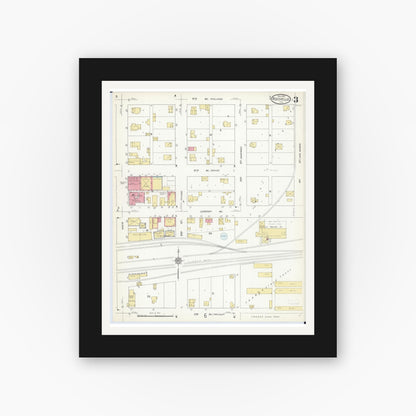 Old map wall art mockup — black gallery frame with white mat — Sanborn Fire Insurance Map from Rochelle, Ogle County, Illinois (1912), Sheet #0003