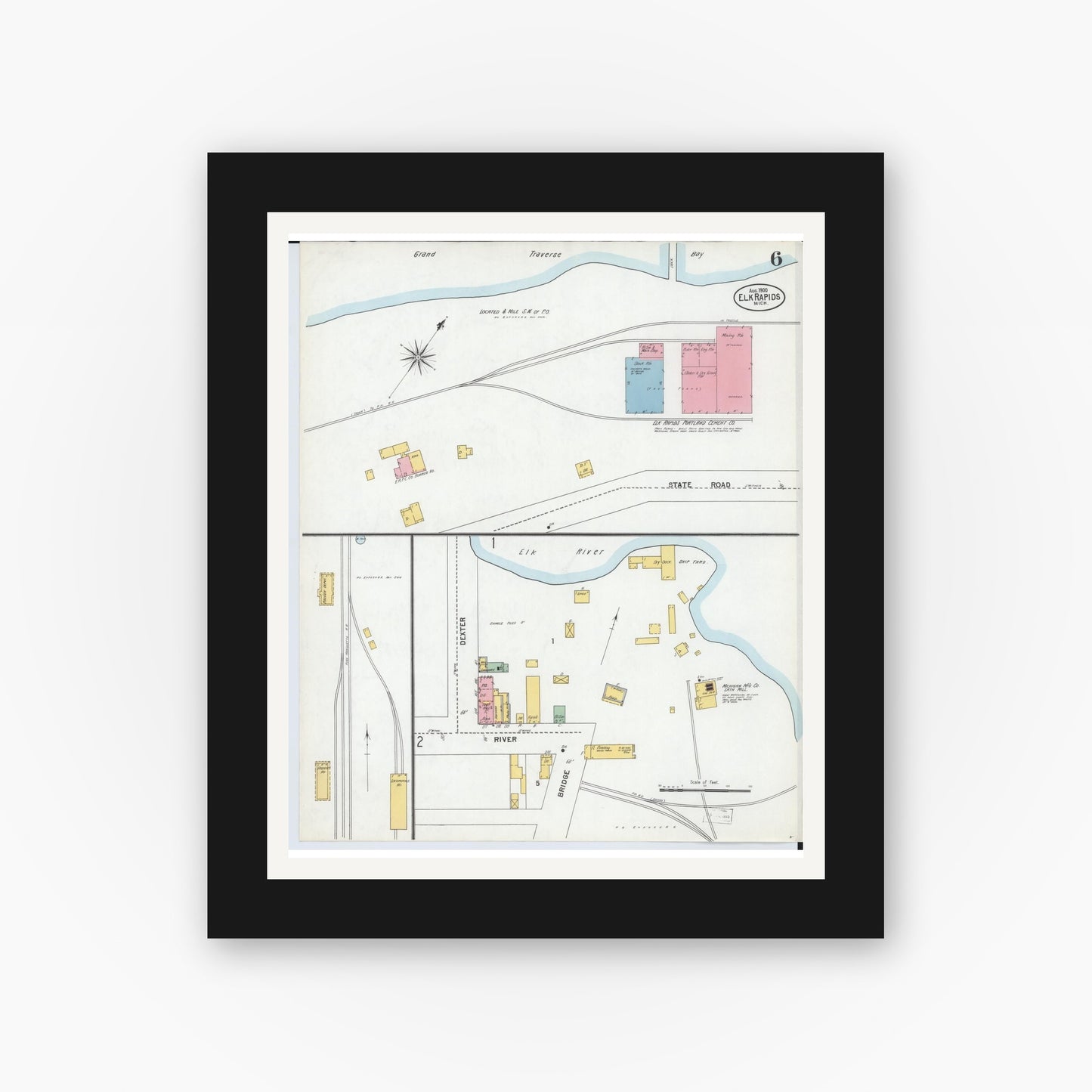 Old map wall art mockup — black gallery frame with white mat — Sanborn Fire Insurance Map from Elk Rapids, Antrim County, Michigan (1900), Sheet #0006