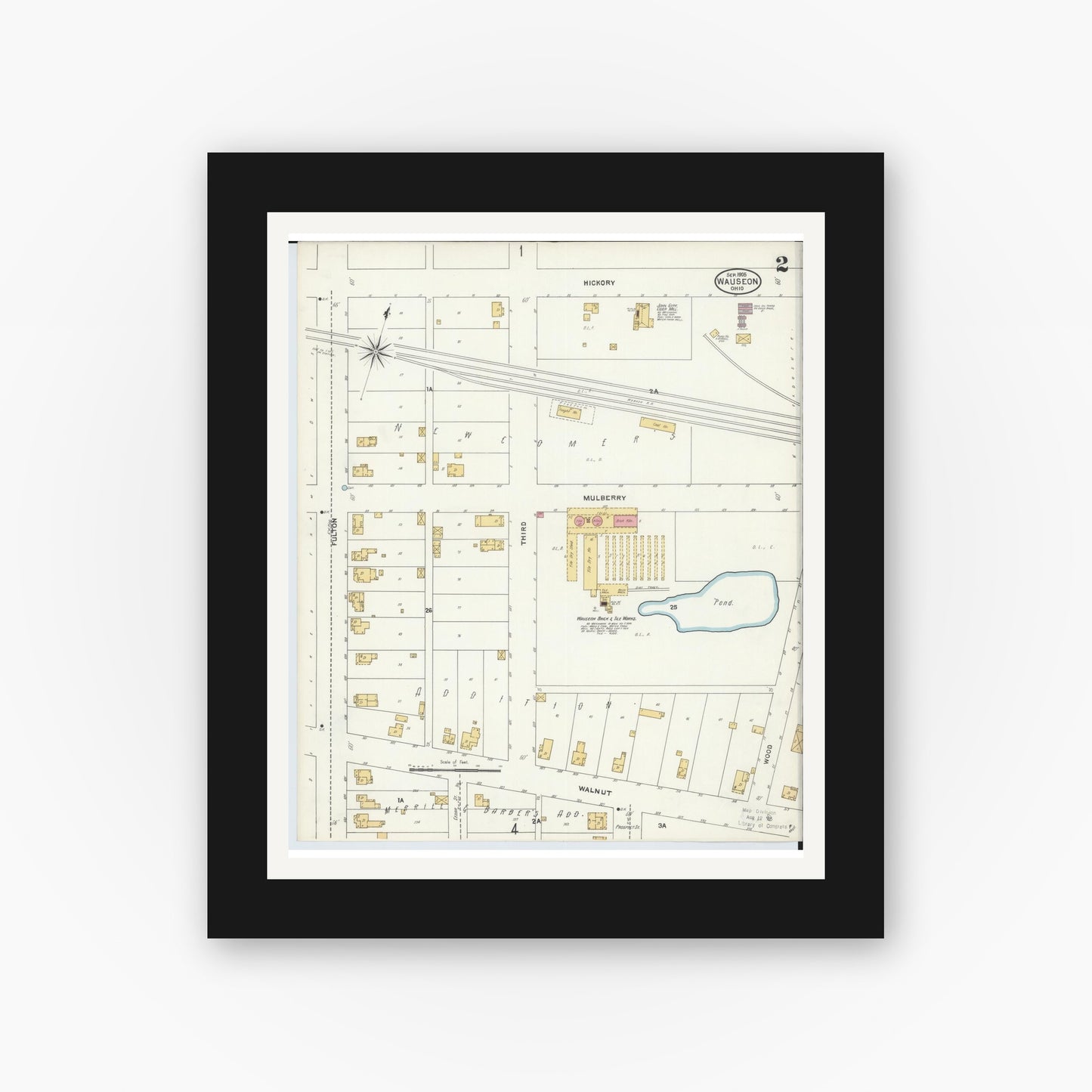 Old map wall art mockup — black gallery frame with white mat — Sanborn Fire Insurance Map from Wauseon, Fulton County, Ohio (1905), Sheet #0002