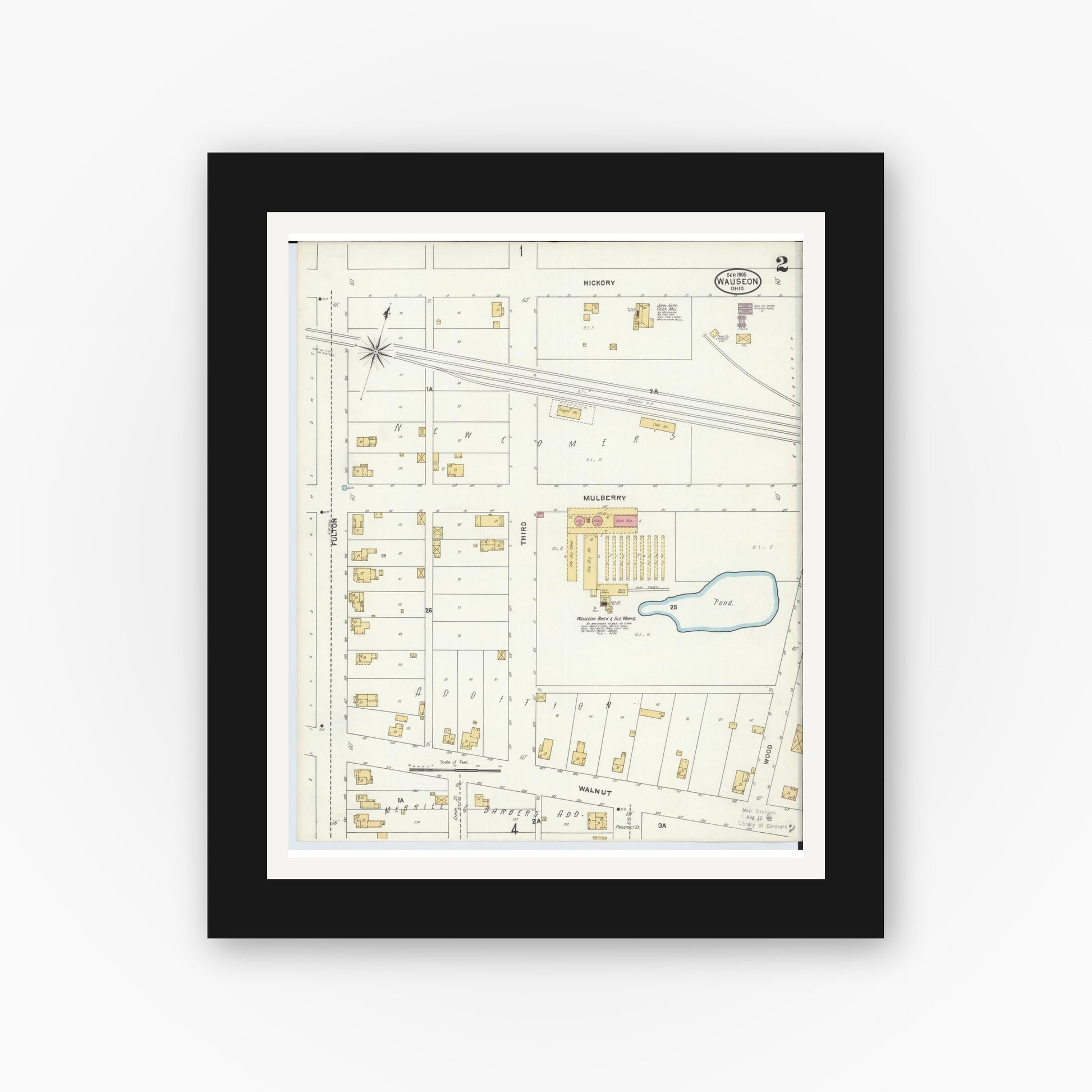 Old map wall art mockup — black gallery frame with white mat — Sanborn Fire Insurance Map from Wauseon, Fulton County, Ohio (1905), Sheet #0002
