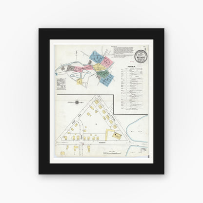 Old map wall art mockup — black gallery frame with white mat — Sanborn Fire Insurance Map from Maynard, Middlesex County, Massachusetts (1910), Sheet #0001