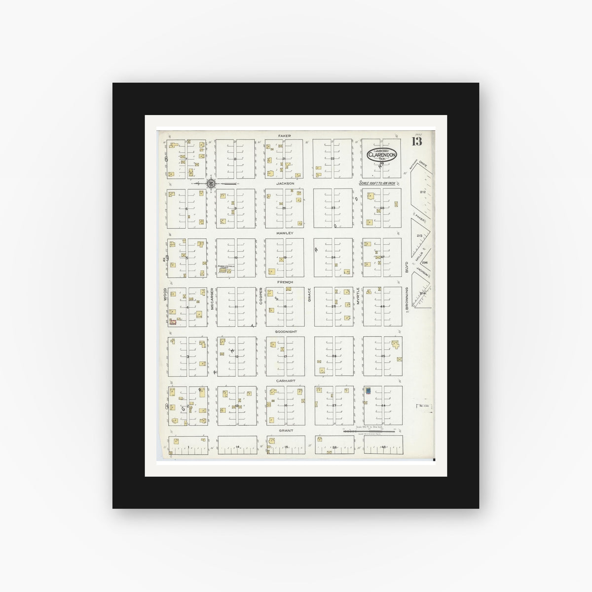 Old map wall art mockup — black gallery frame with white mat — Sanborn Fire Insurance Map from Clarendon, Donley County, Texas (1921), Sheet #0013