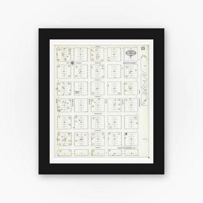 Old map wall art mockup — black gallery frame with white mat — Sanborn Fire Insurance Map from Clarendon, Donley County, Texas (1921), Sheet #0013