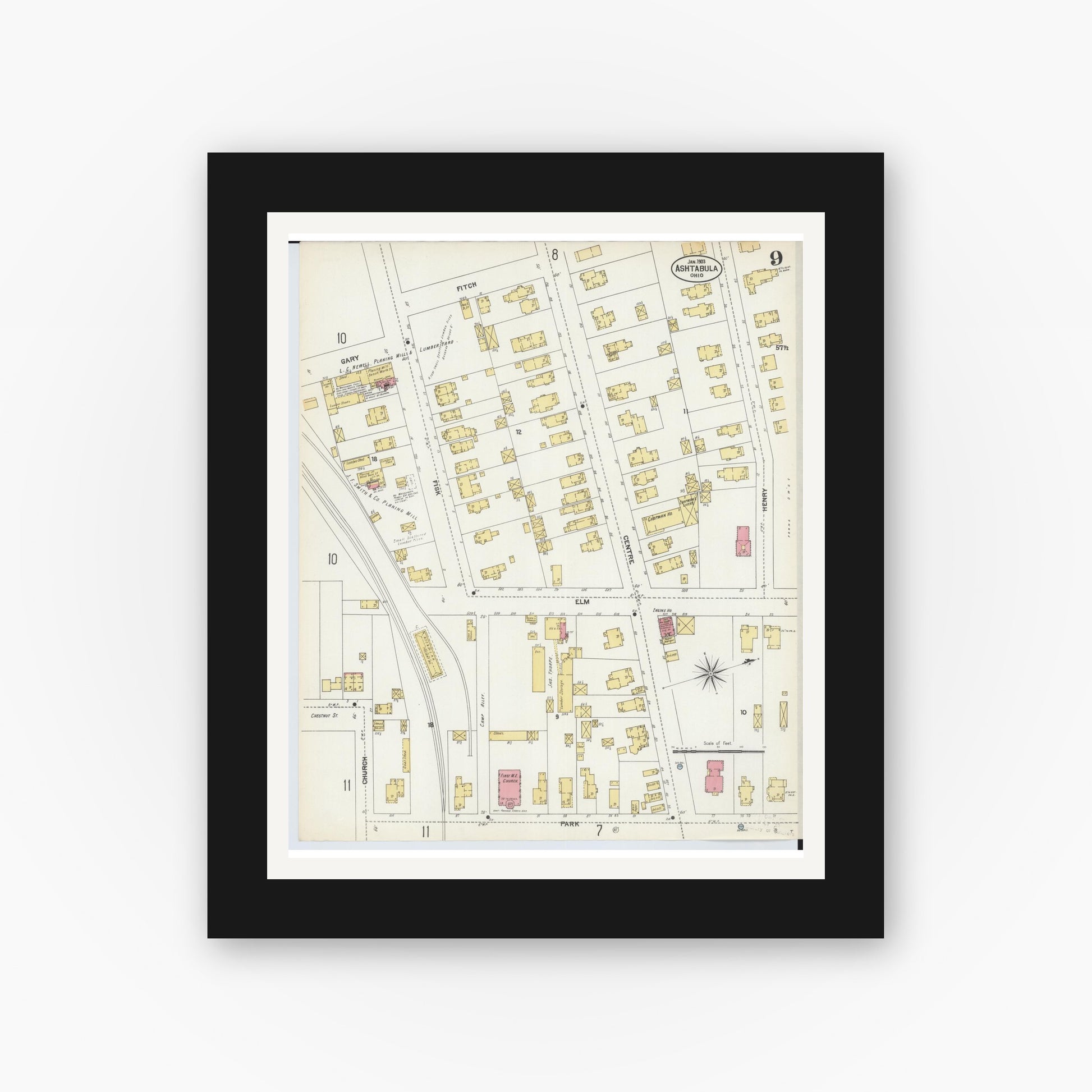 Old map wall art mockup — black gallery frame with white mat — Sanborn Fire Insurance Map from Ashtabula, Ashtabula County, Ohio (1903), Sheet #0009