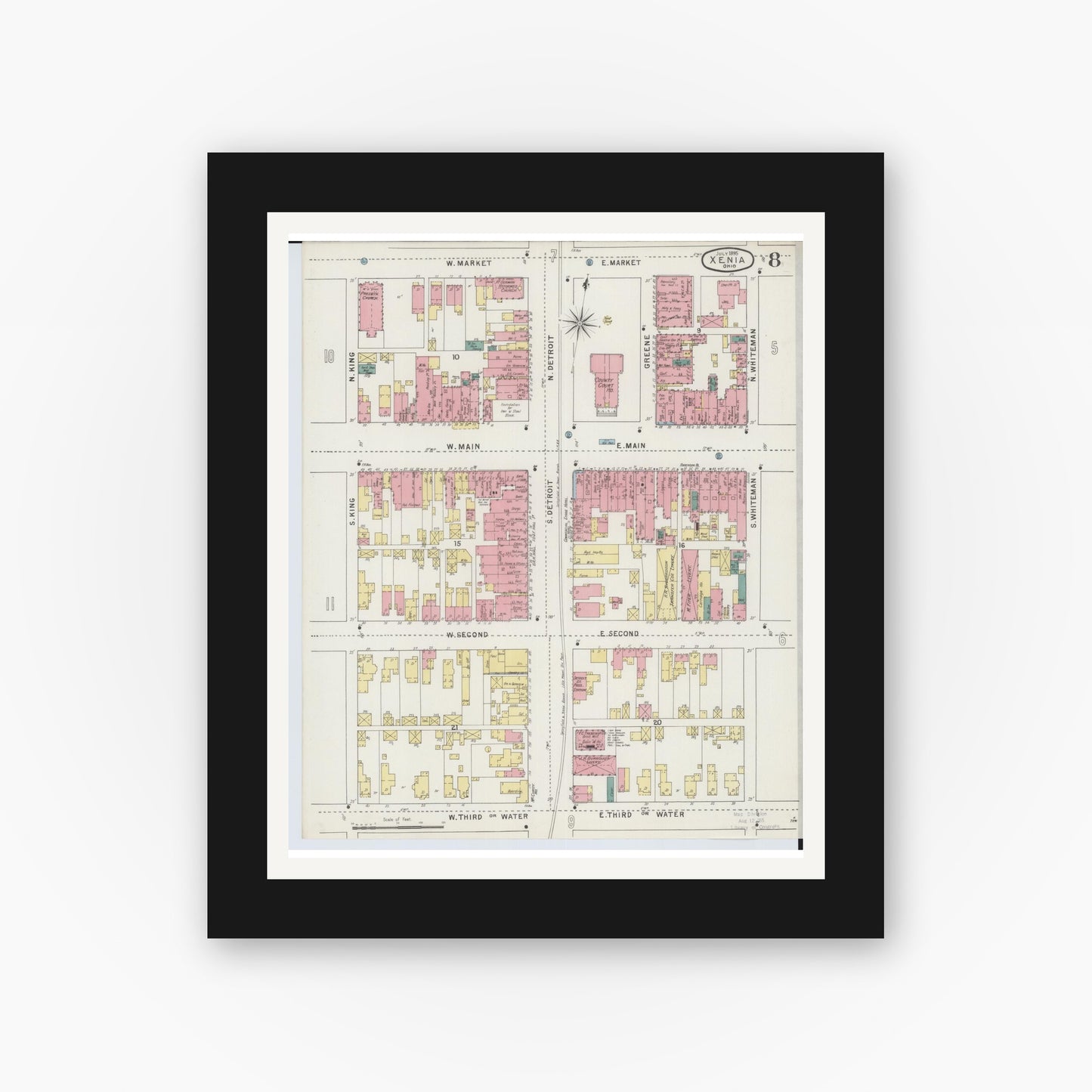 Old map wall art mockup — black gallery frame with white mat — Sanborn Fire Insurance Map from Xenia, Greene County, Ohio (1895), Sheet #0008
