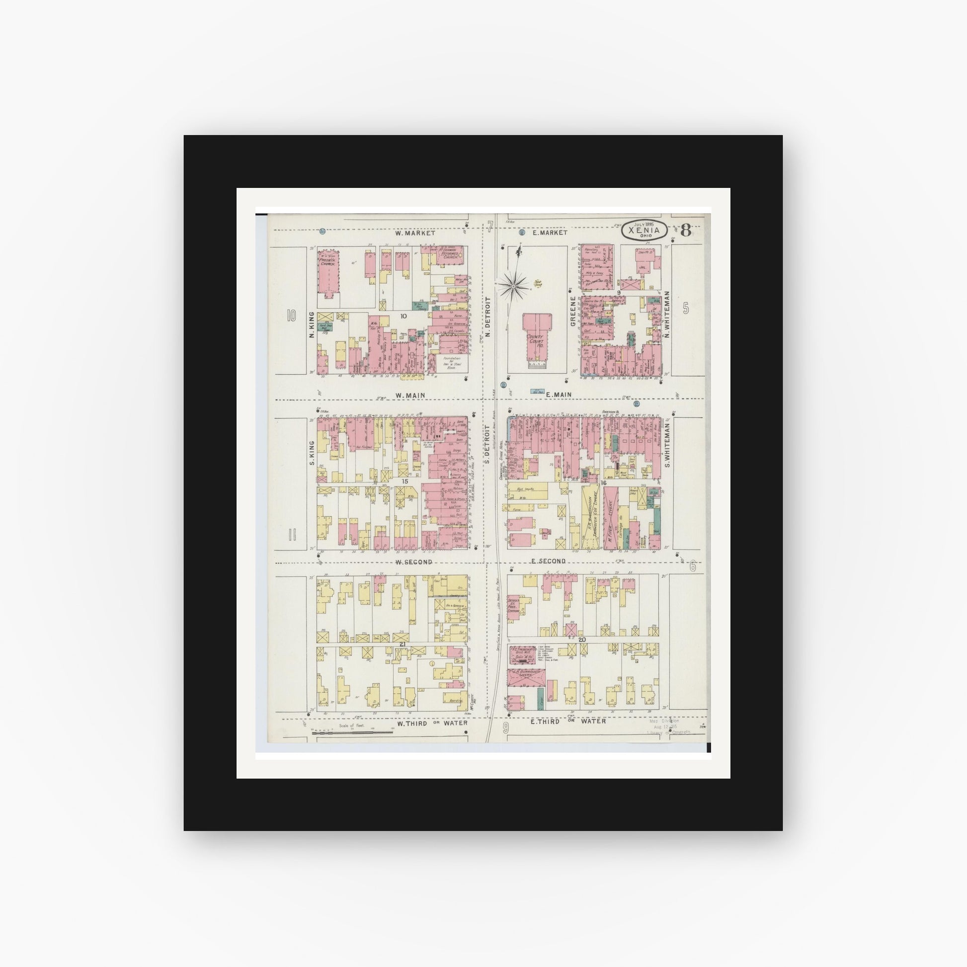 Old map wall art mockup — black gallery frame with white mat — Sanborn Fire Insurance Map from Xenia, Greene County, Ohio (1895), Sheet #0008