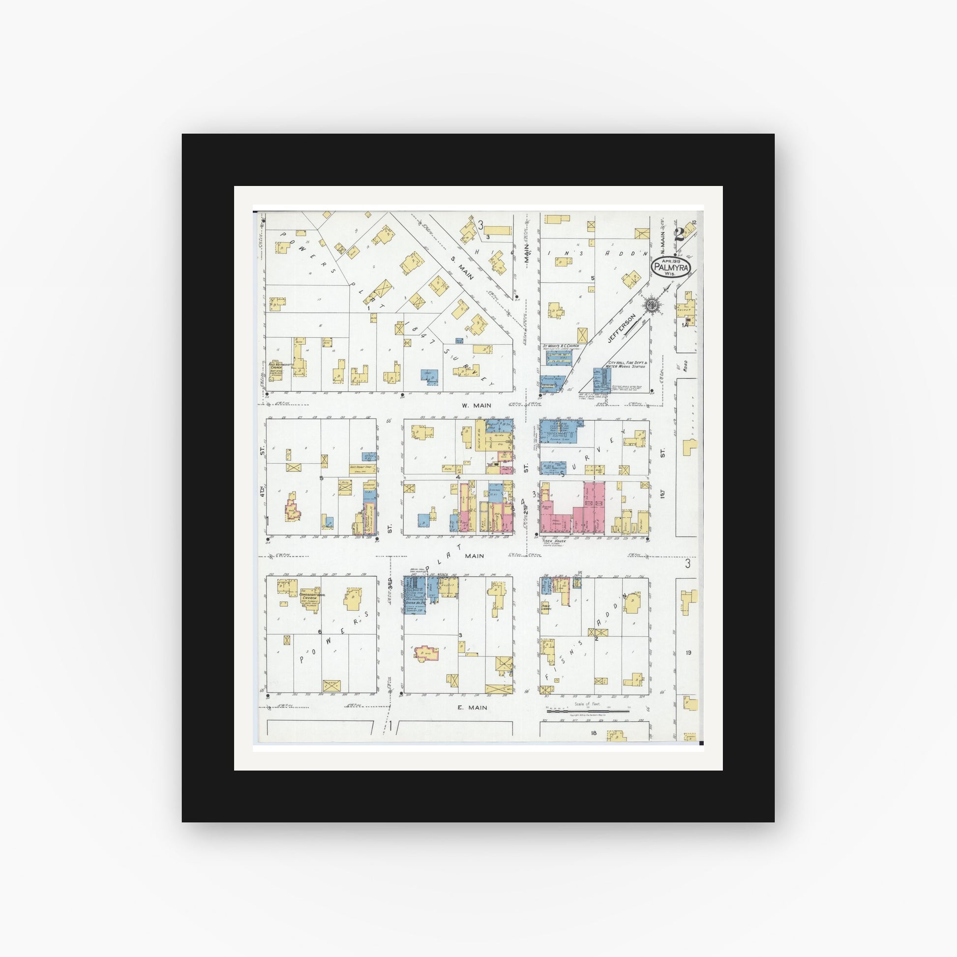 Old map wall art mockup — black gallery frame with white mat — Sanborn Fire Insurance Map from Palmyra, Jefferson County, Wisconsin (1919), Sheet #0002