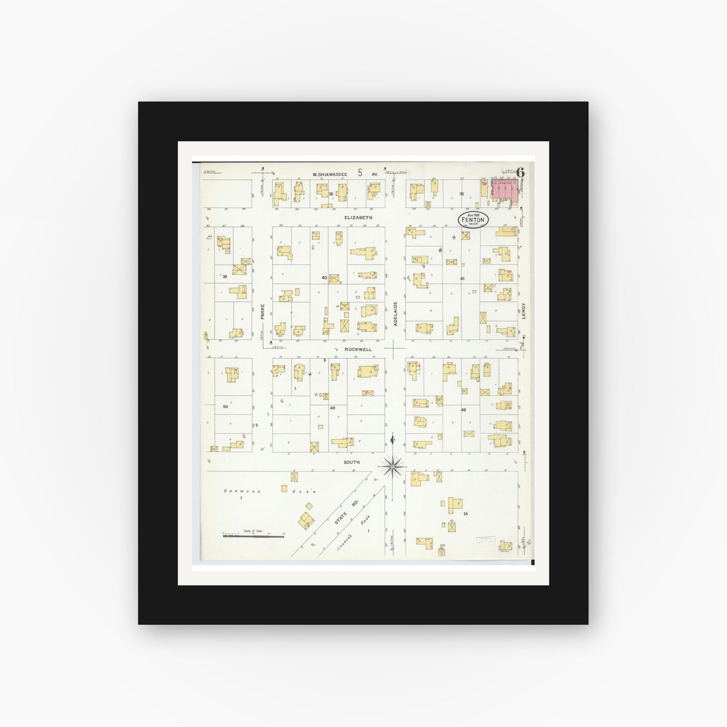 Old map wall art mockup — black gallery frame with white mat — Sanborn Fire Insurance Map from Fenton, Genesee County, Michigan (1908), Sheet #0006