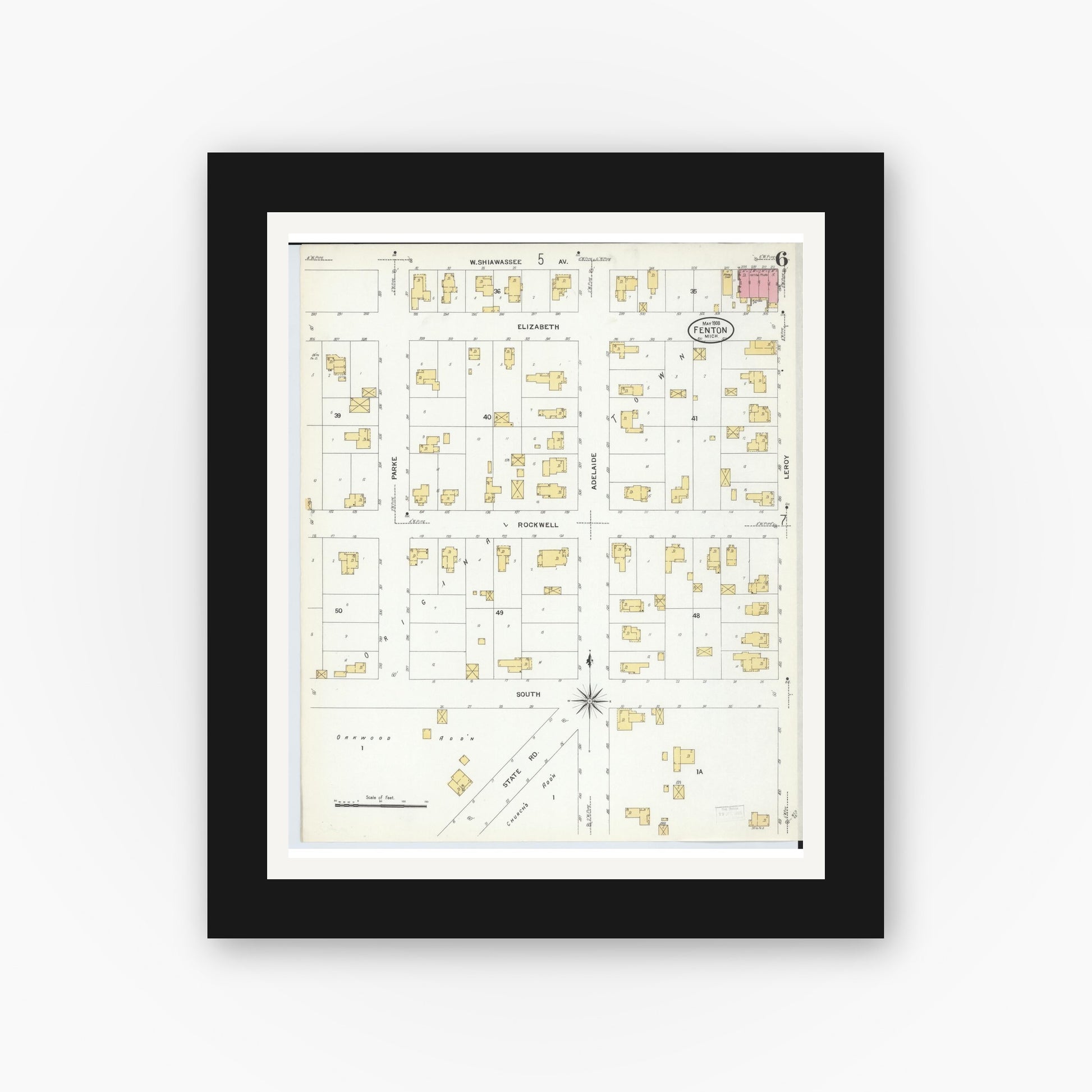 Old map wall art mockup — black gallery frame with white mat — Sanborn Fire Insurance Map from Fenton, Genesee County, Michigan (1908), Sheet #0006