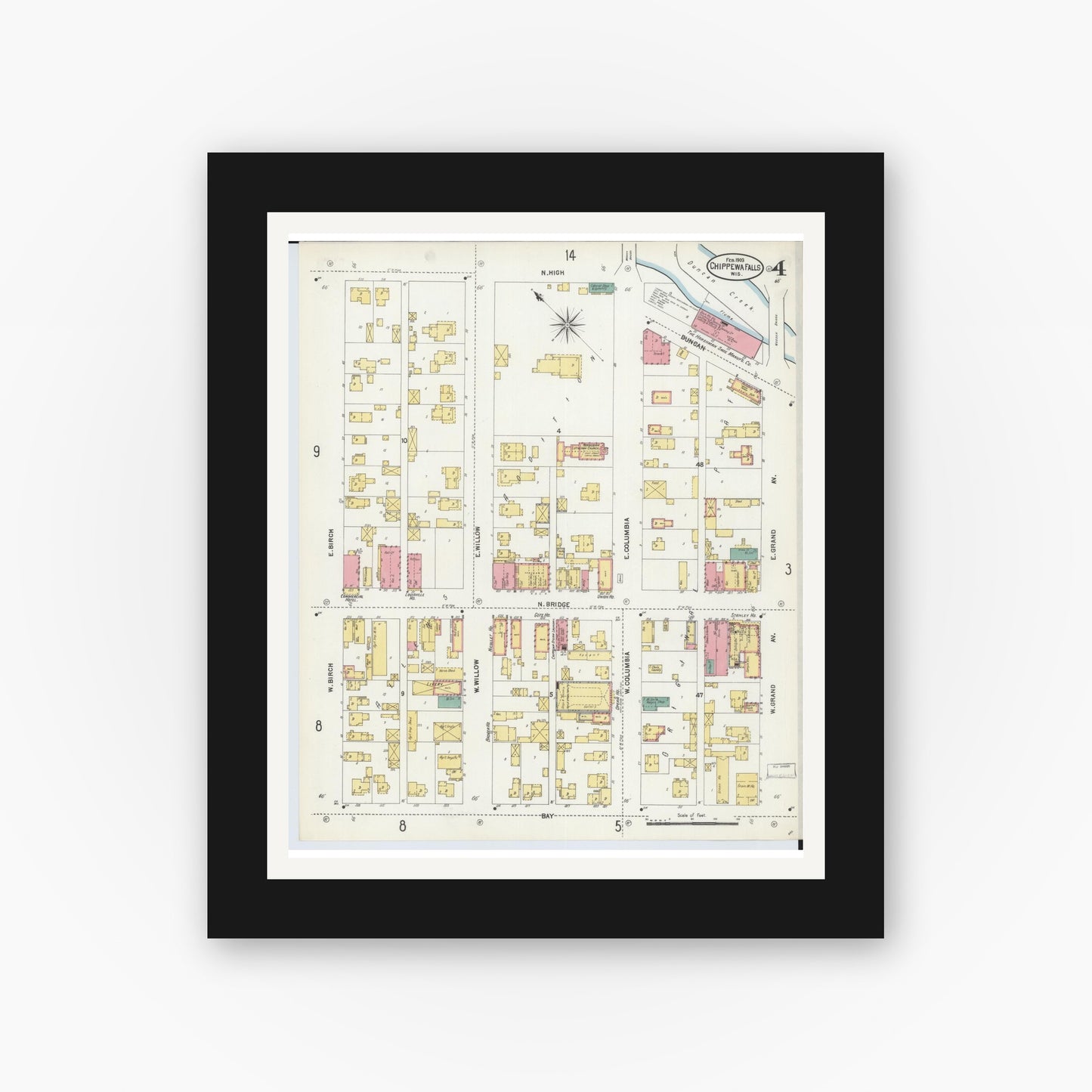 Old map wall art mockup — black gallery frame with white mat — Sanborn Fire Insurance Map from Chippewa Falls, Chippewa County, Wisconsin (1903), Sheet #0004