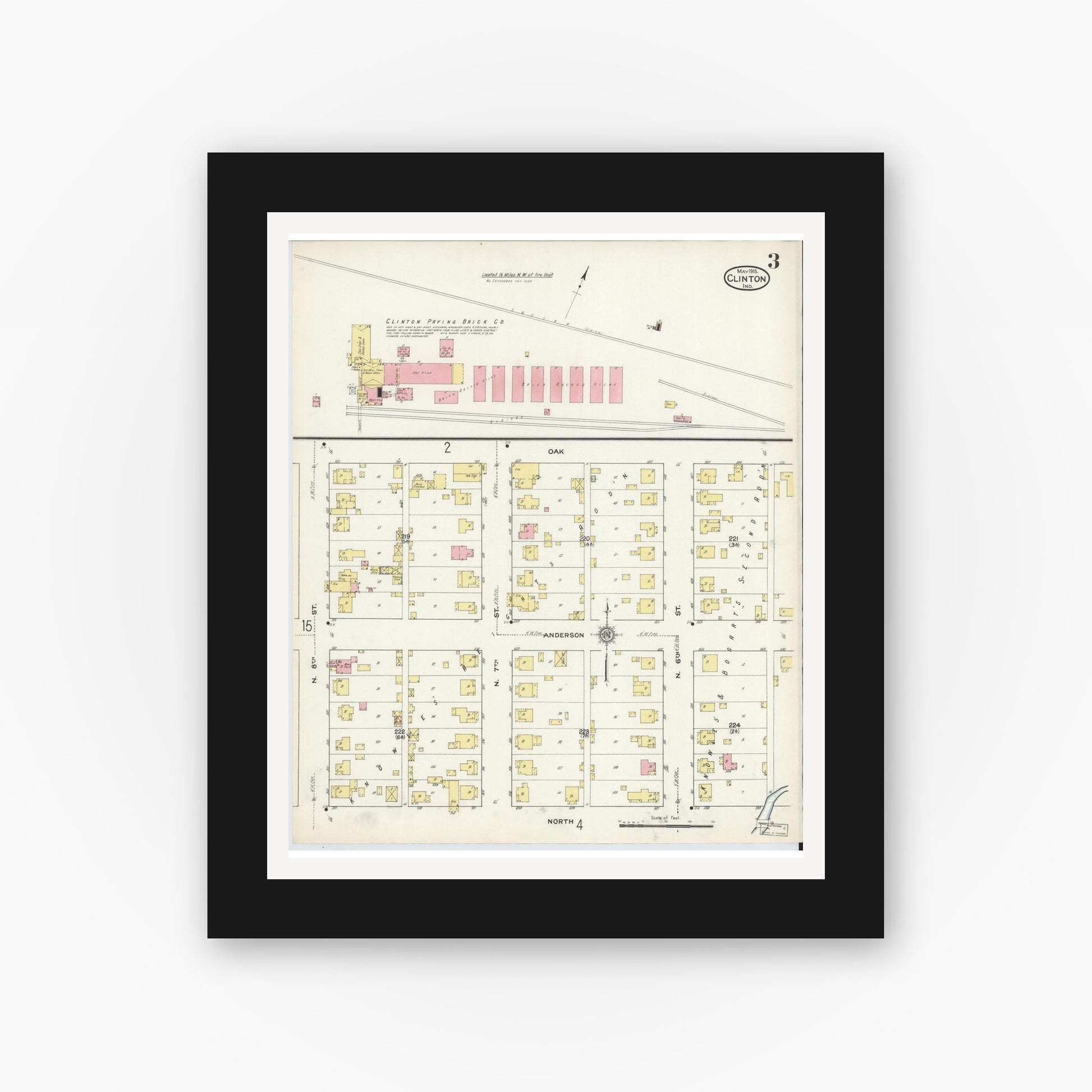 Old map wall art mockup — black gallery frame with white mat — Sanborn Fire Insurance Map from Clinton, Vermillion County, Indiana (1915), Sheet #0003