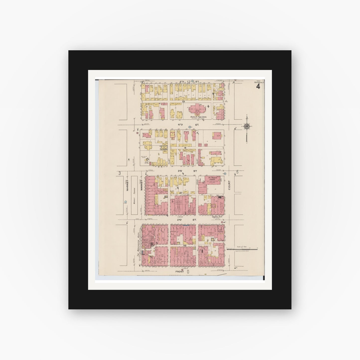 Old map wall art mockup — black gallery frame with white mat — Sanborn Fire Insurance Map from Portsmouth, Scioto County, Ohio (1921), Sheet #0004
