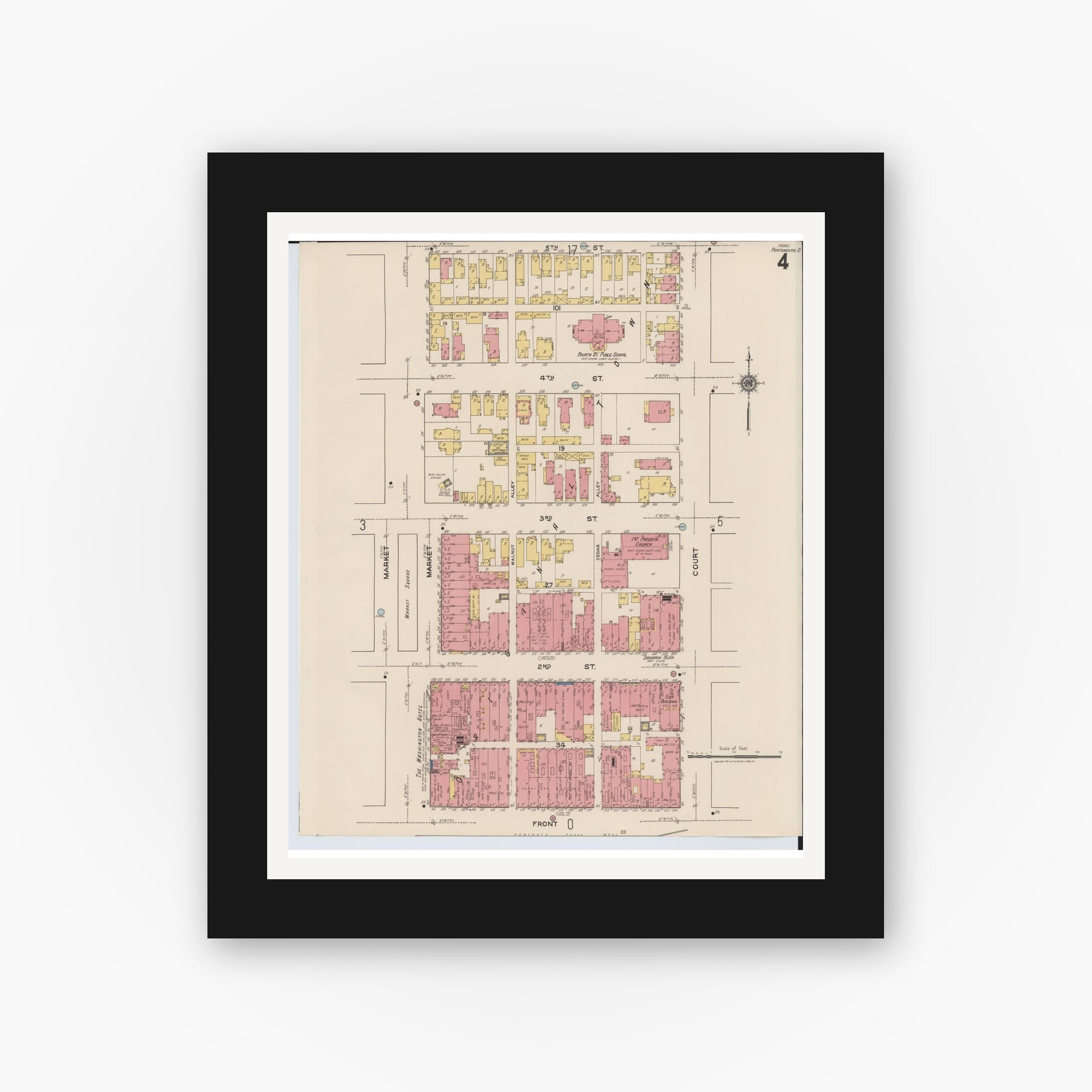 Old map wall art mockup — black gallery frame with white mat — Sanborn Fire Insurance Map from Portsmouth, Scioto County, Ohio (1921), Sheet #0004