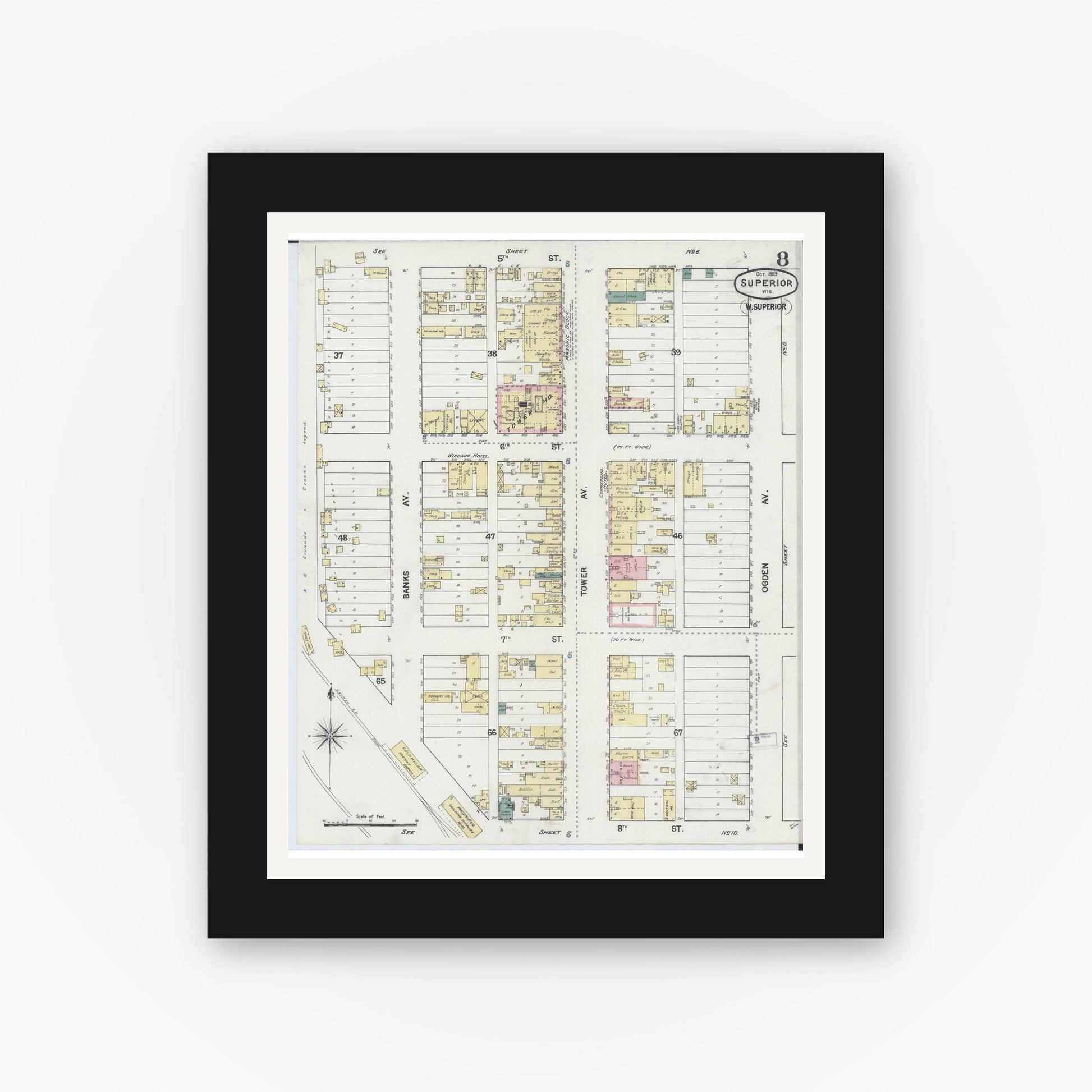 Old map wall art mockup — black gallery frame with white mat — Sanborn Fire Insurance Map from Superior, Douglas County, Wisconsin (1889), Sheet #0008