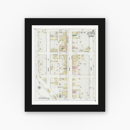 Old map wall art mockup — black gallery frame with white mat — Sanborn Fire Insurance Map from Superior, Douglas County, Wisconsin (1889), Sheet #0008