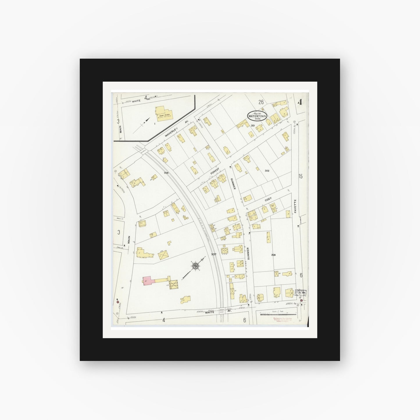 Old map wall art mockup — black gallery frame with white mat — Sanborn Fire Insurance Map from Watertown, Middlesex County, Massachusetts (1911), Sheet #0004