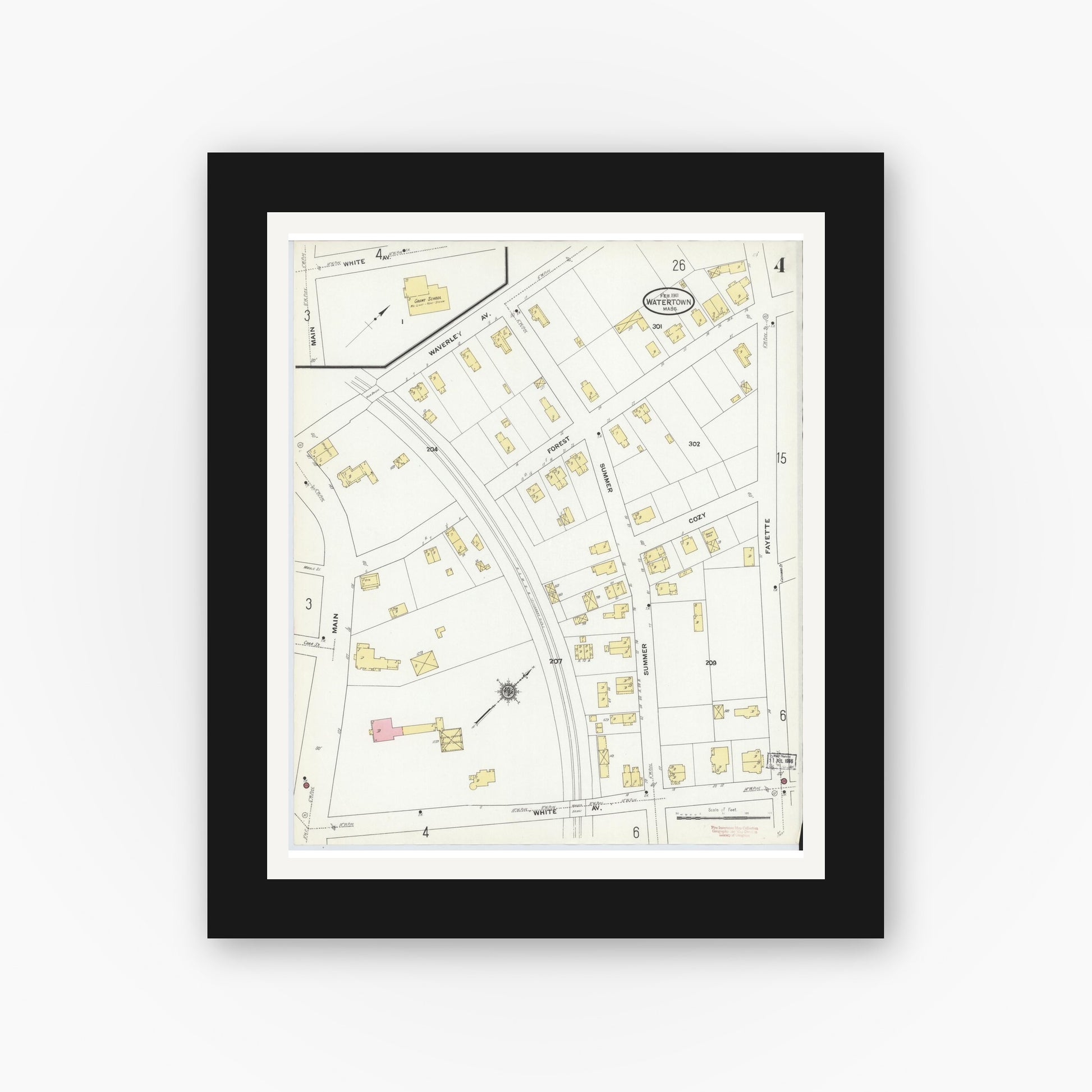 Old map wall art mockup — black gallery frame with white mat — Sanborn Fire Insurance Map from Watertown, Middlesex County, Massachusetts (1911), Sheet #0004