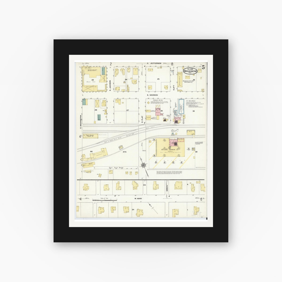 Old map wall art mockup — black gallery frame with white mat — Sanborn Fire Insurance Map from Waxahachie, Ellis County, Texas (1909), Sheet #0005