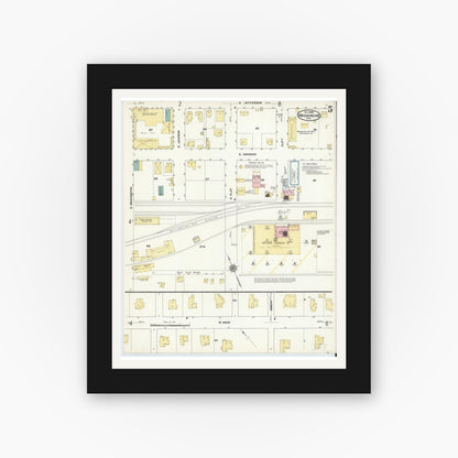 Old map wall art mockup — black gallery frame with white mat — Sanborn Fire Insurance Map from Waxahachie, Ellis County, Texas (1909), Sheet #0005
