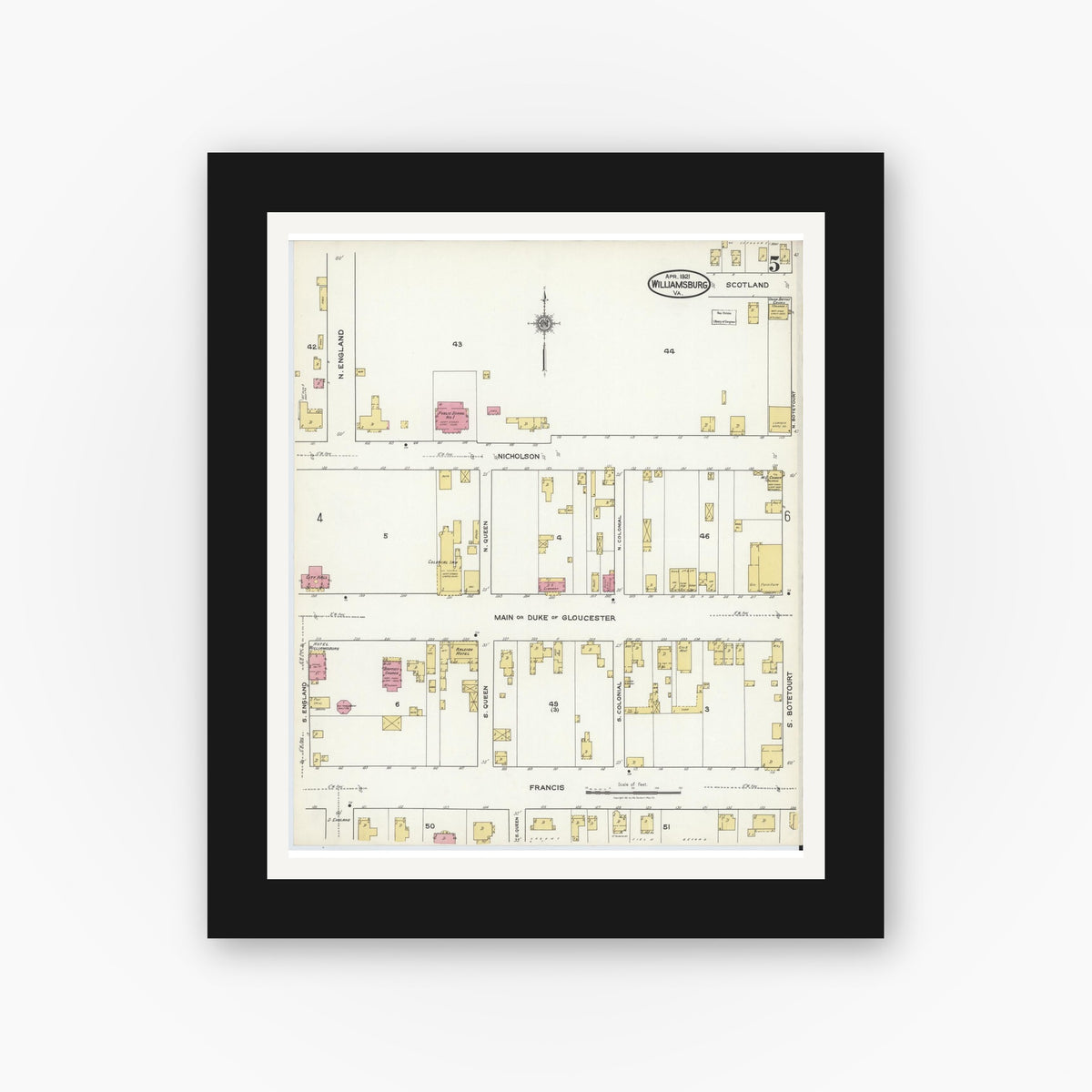 Old map wall art mockup — black gallery frame with white mat — Sanborn Fire Insurance Map from Williamsburg, Independent Cities, Virginia (1921), Sheet #0005