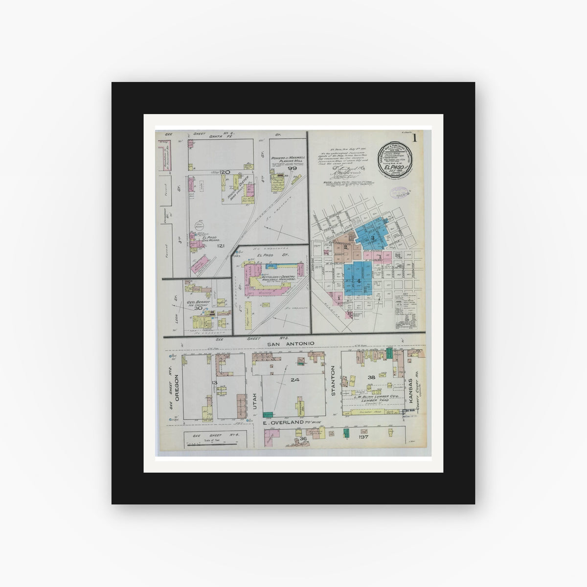 Old map wall art mockup — black gallery frame with white mat — Sanborn Fire Insurance Map from El Paso, El Paso County, Texas (1885) - Complete Map Set