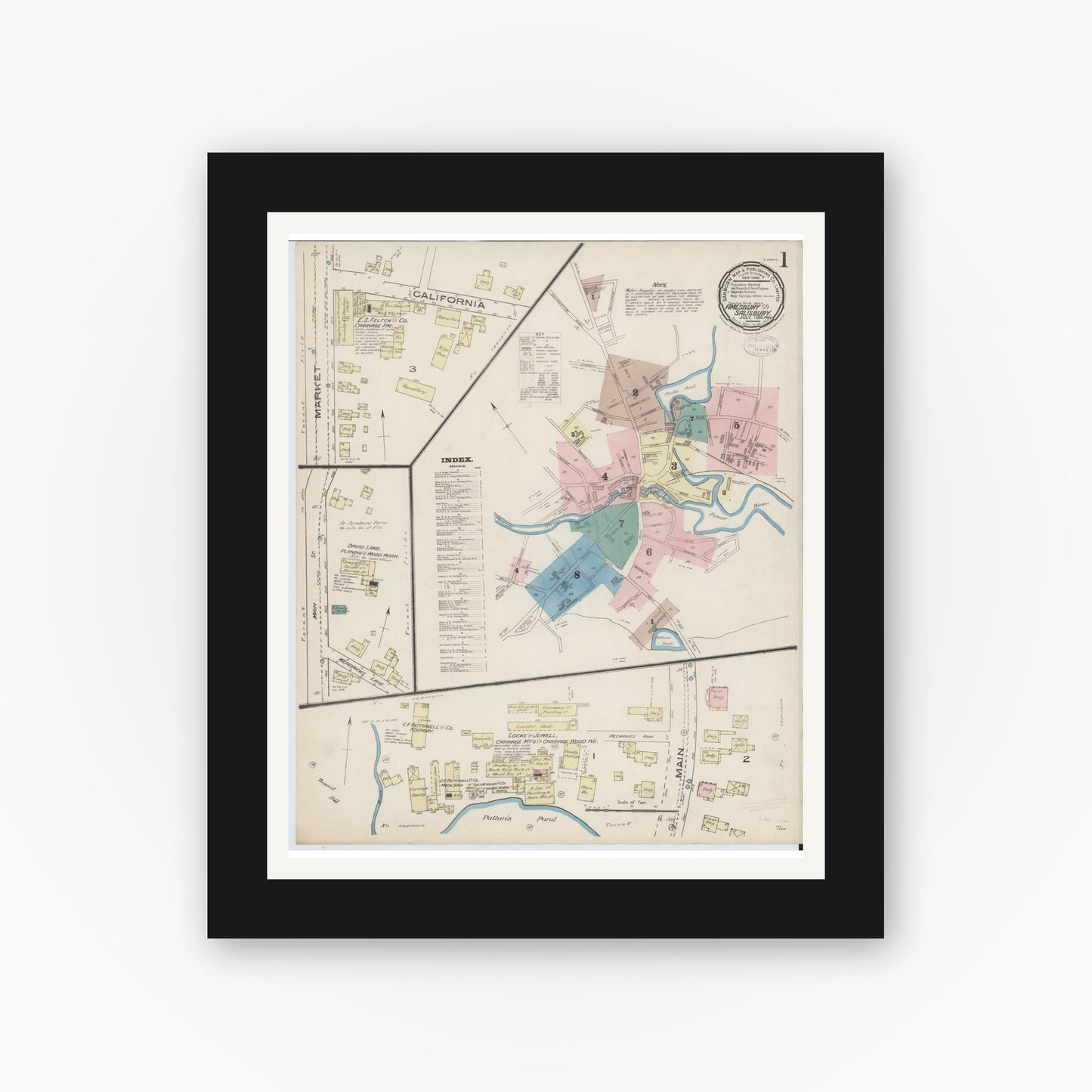 Old map wall art mockup — black gallery frame with white mat — Sanborn Fire Insurance Map from Amesbury, Essex County, Massachusetts (1885), Sheet #0001