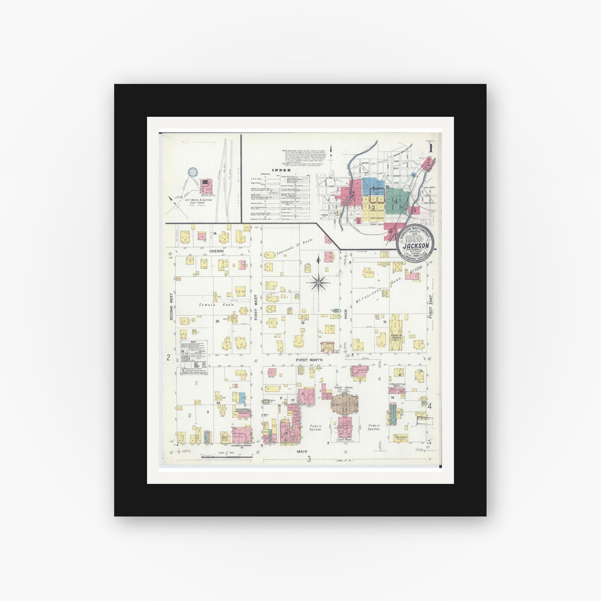Old map wall art mockup — black gallery frame with white mat — Sanborn Fire Insurance Map from Jackson, Cape Girardeau County, Missouri (1908), Sheet #0001