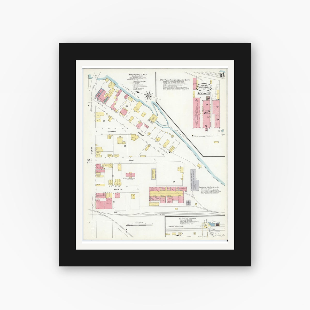 Old map wall art mockup — black gallery frame with white mat — Sanborn Fire Insurance Map from Connellsville, Fayette County, Pennsylvania (1908), Sheet #0018