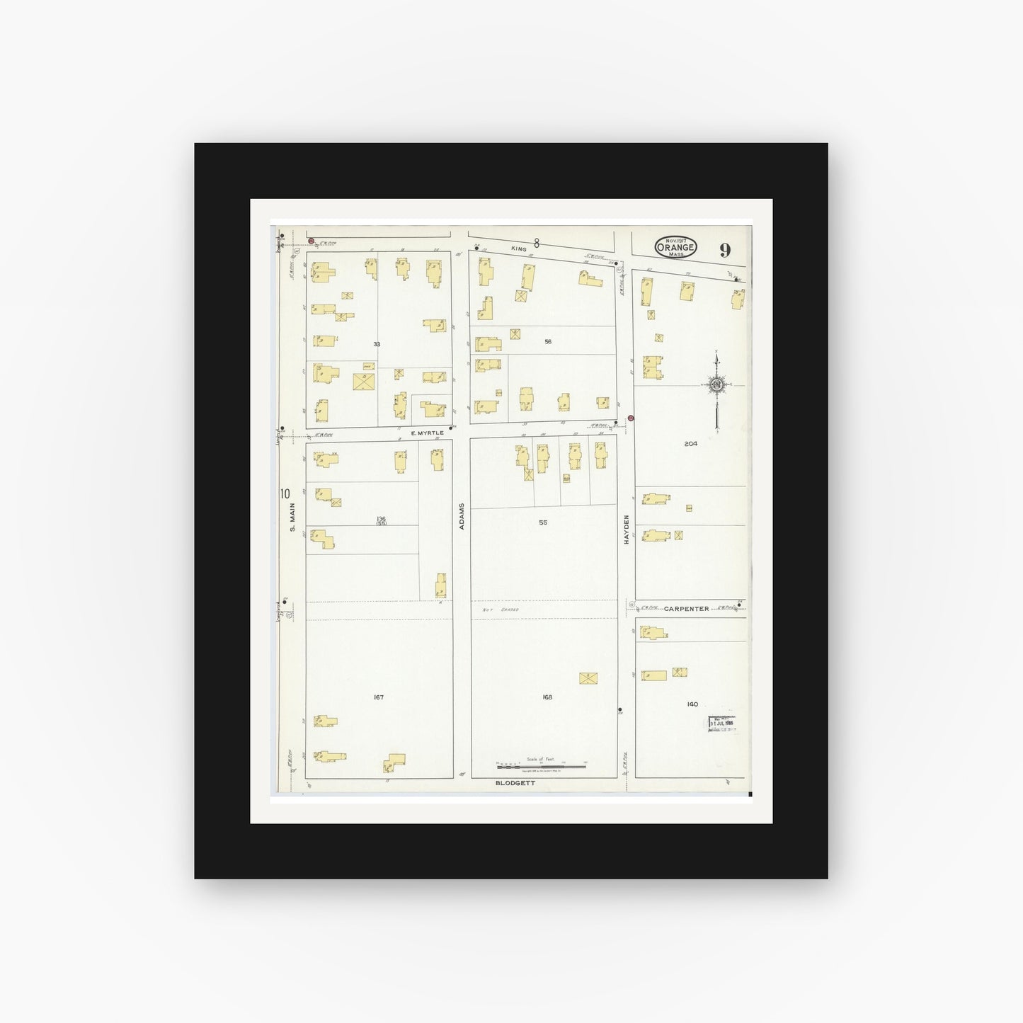 Old map wall art mockup — black gallery frame with white mat — Sanborn Fire Insurance Map from Orange, Franklin County, Massachusetts (1917), Sheet #0009