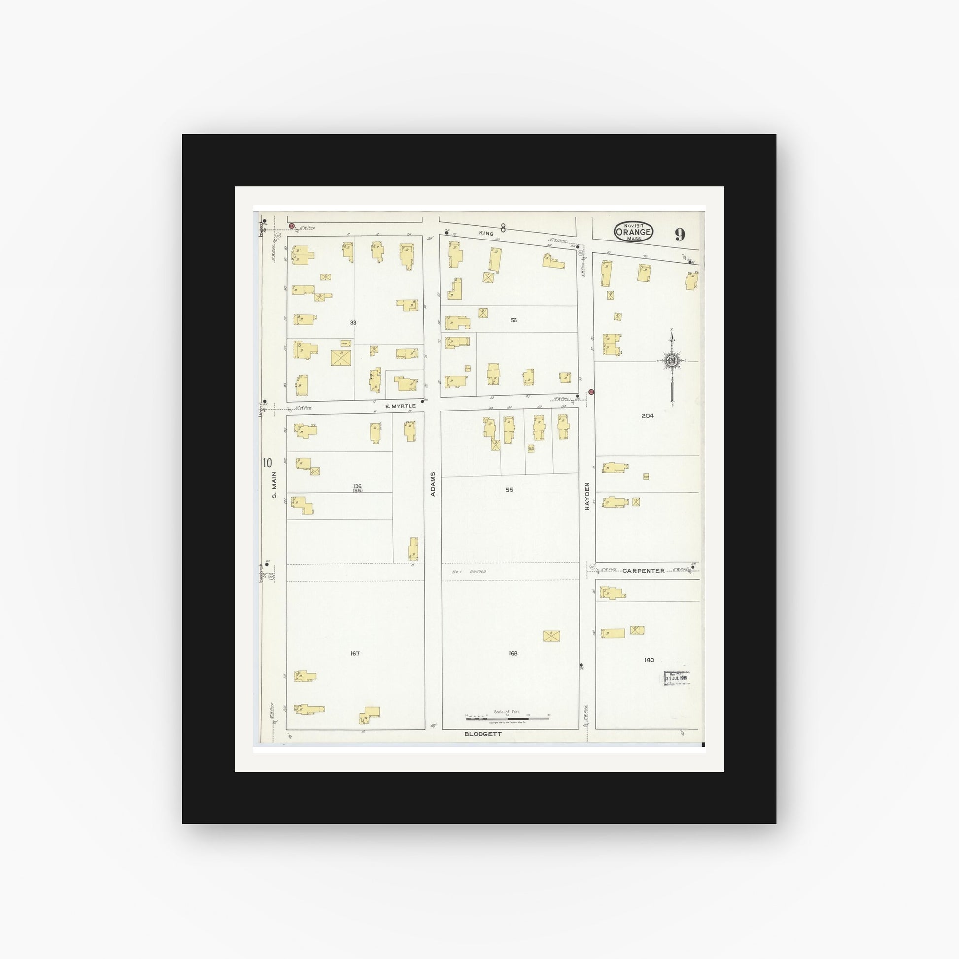 Old map wall art mockup — black gallery frame with white mat — Sanborn Fire Insurance Map from Orange, Franklin County, Massachusetts (1917), Sheet #0009