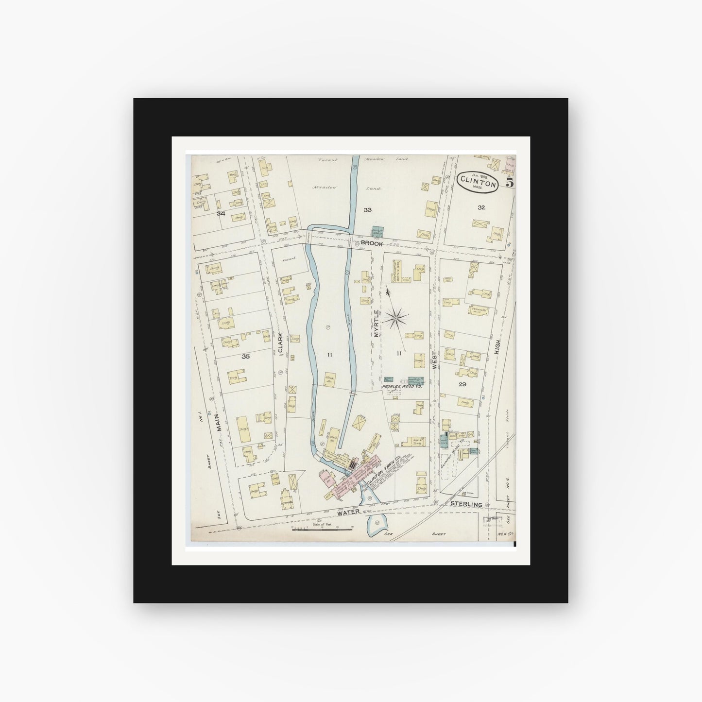 Old map wall art mockup — black gallery frame with white mat — Sanborn Fire Insurance Map from Clinton, Worcester County, Massachusetts (1888), Sheet #0005