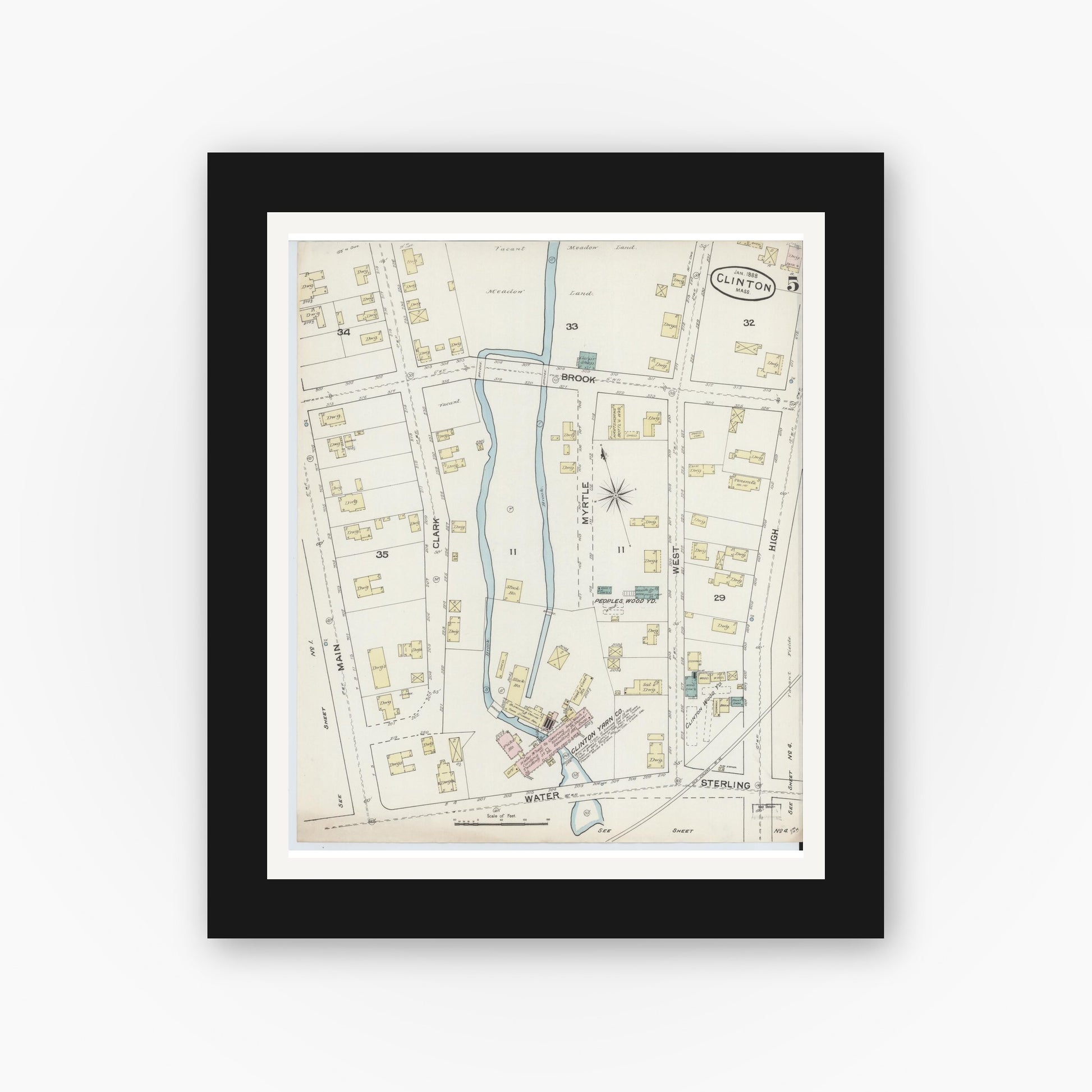 Old map wall art mockup — black gallery frame with white mat — Sanborn Fire Insurance Map from Clinton, Worcester County, Massachusetts (1888), Sheet #0005