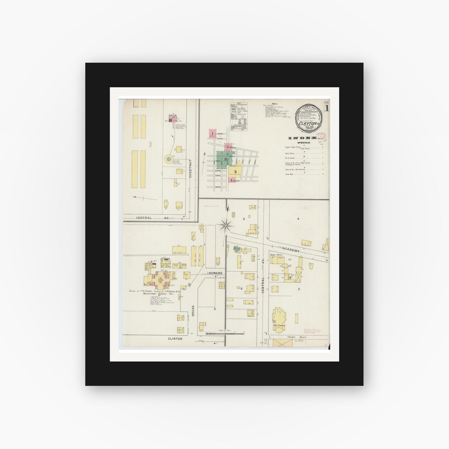 Old map wall art mockup — black gallery frame with white mat — Sanborn Fire Insurance Map from Clayton, Gloucester County, New Jersey (1895), Sheet #0001