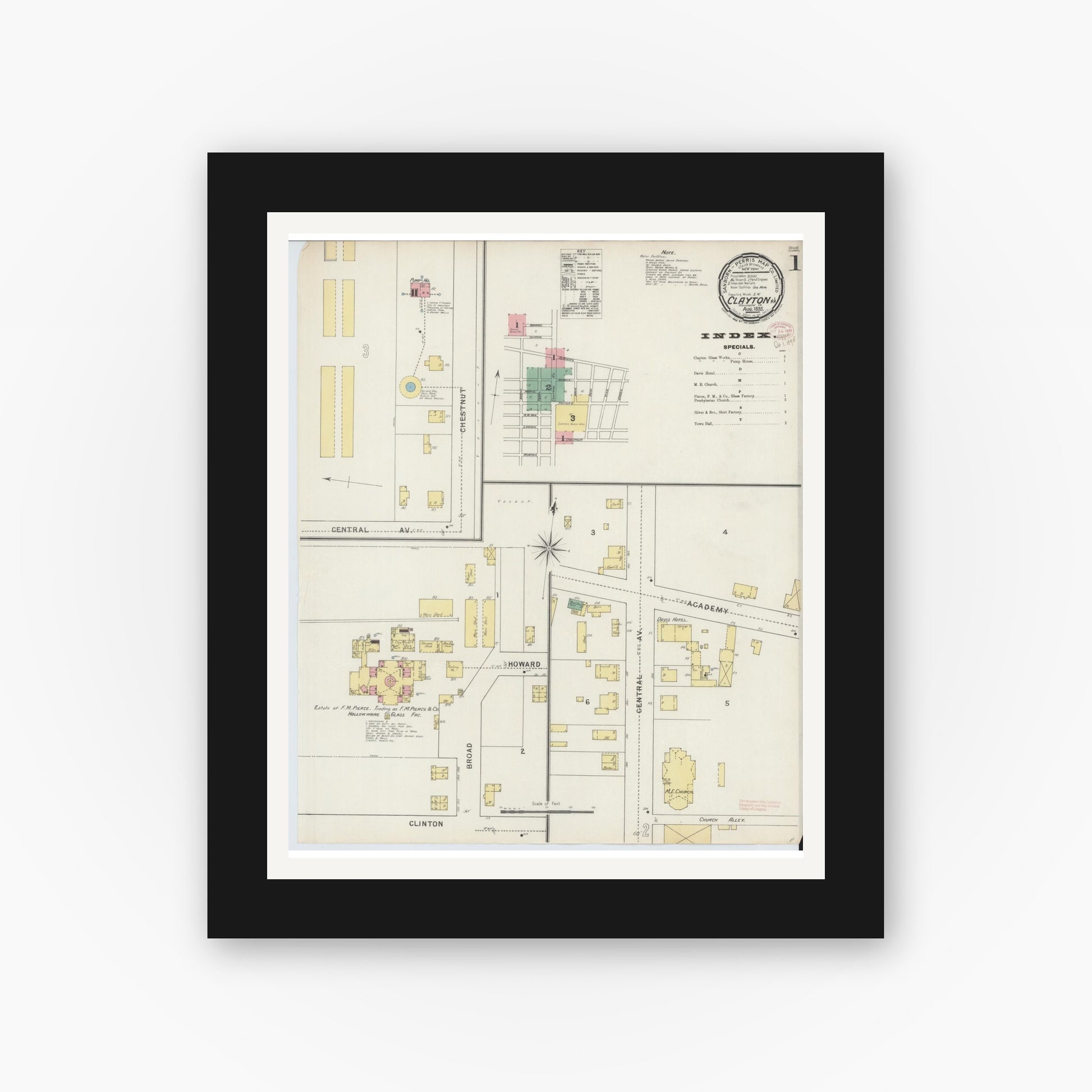 Old map wall art mockup — black gallery frame with white mat — Sanborn Fire Insurance Map from Clayton, Gloucester County, New Jersey (1895), Sheet #0001