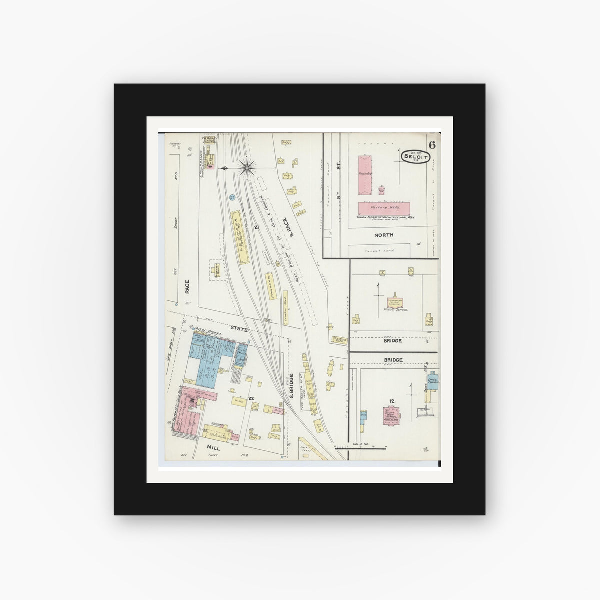 Old map wall art mockup — black gallery frame with white mat — Sanborn Fire Insurance Map from Beloit, Rock County, Wisconsin (1890), Sheet #0006