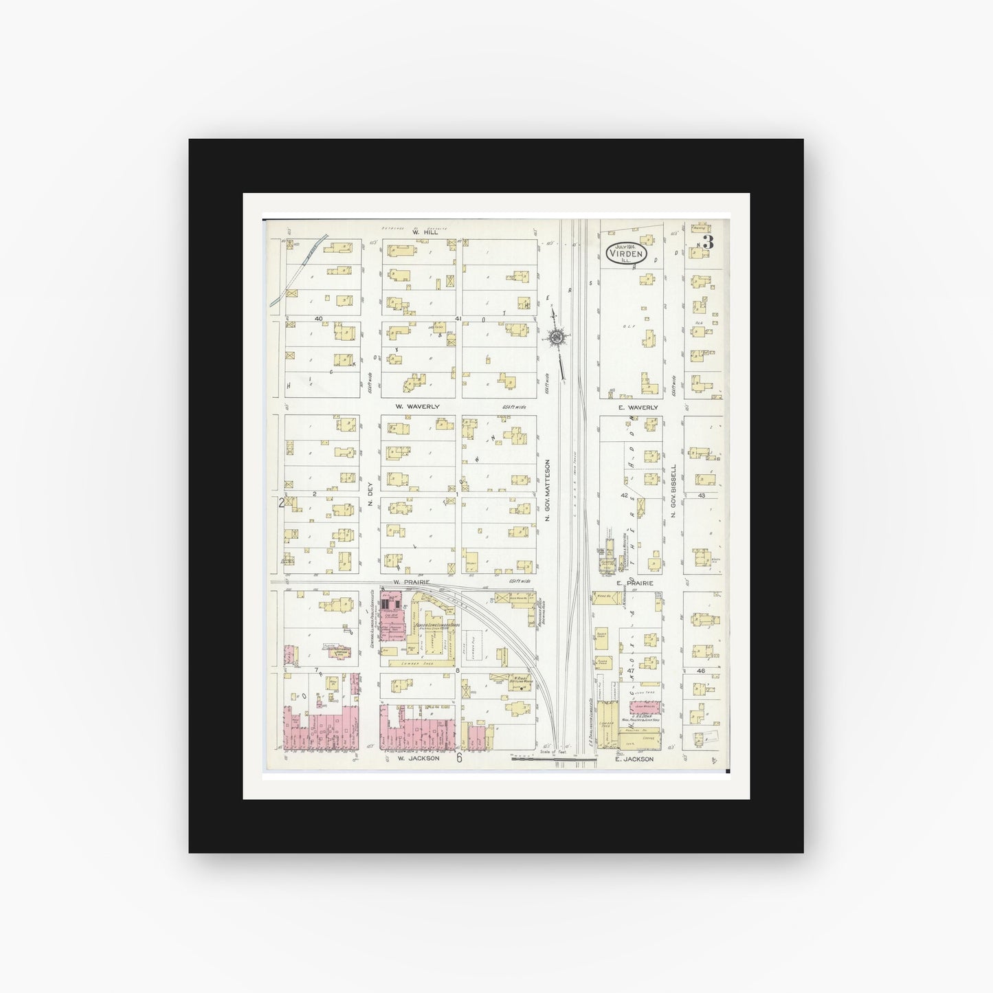 Old map wall art mockup — black gallery frame with white mat — Sanborn Fire Insurance Map from Virden, Macoupin County, Illinois (1914), Sheet #0003