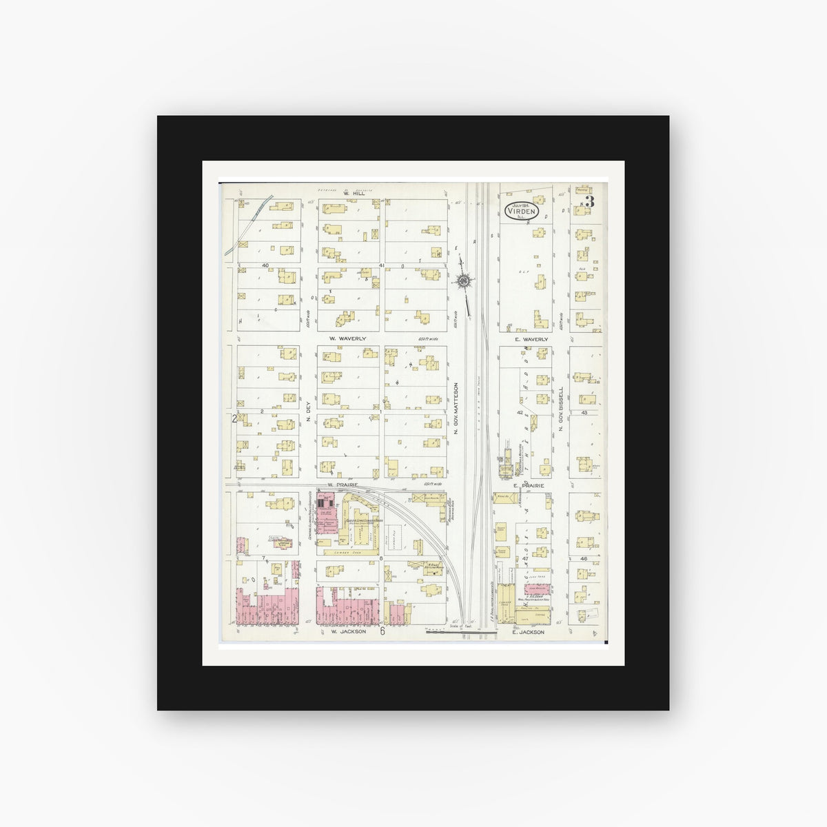 Old map wall art mockup — black gallery frame with white mat — Sanborn Fire Insurance Map from Virden, Macoupin County, Illinois (1914), Sheet #0003