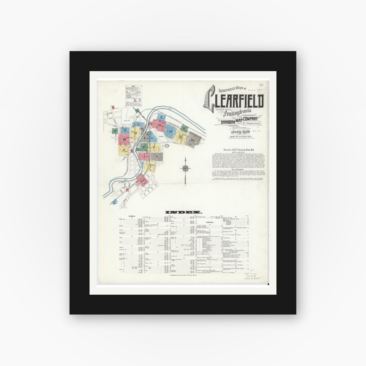 Old map wall art mockup — black gallery frame with white mat — Sanborn Fire Insurance Map from Clearfield, Clearfield County, Pennsylvania (1911), Sheet #0001