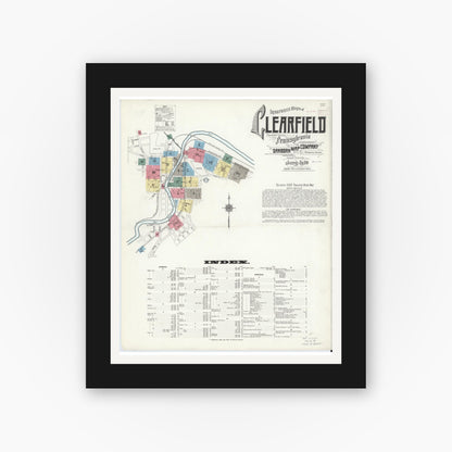 Old map wall art mockup — black gallery frame with white mat — Sanborn Fire Insurance Map from Clearfield, Clearfield County, Pennsylvania (1911), Sheet #0001