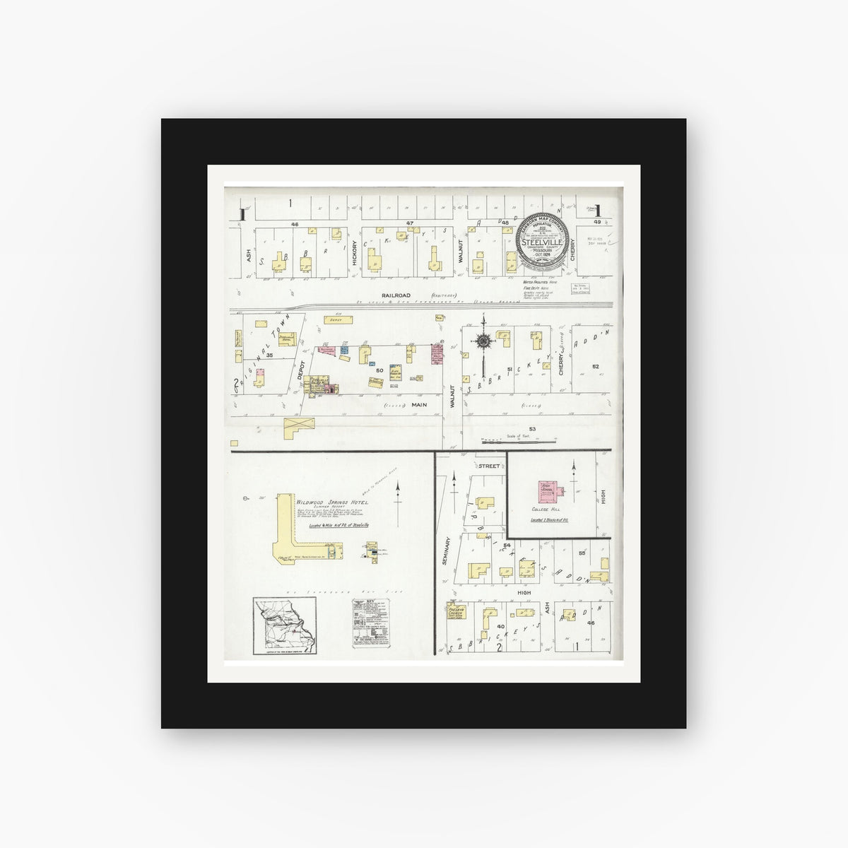 Old map wall art mockup — black gallery frame with white mat — Sanborn Fire Insurance Map from Steelville, Crawford County, Missouri (1924), Sheet #0001