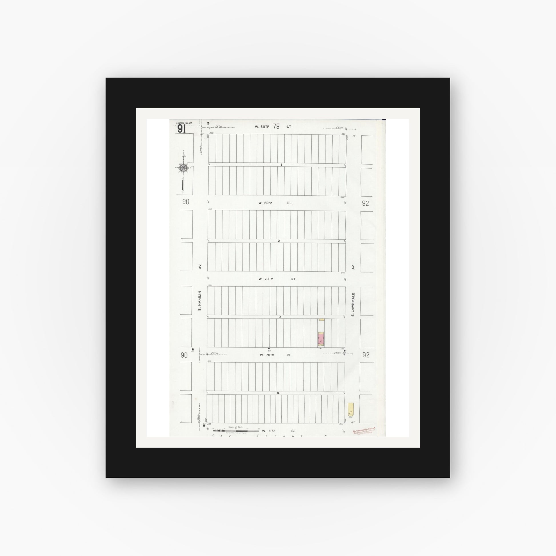 Old map wall art mockup — black gallery frame with white mat — Sanborn Fire Insurance Map from Chicago, Cook County, Illinois (1920), Sheet #0091
