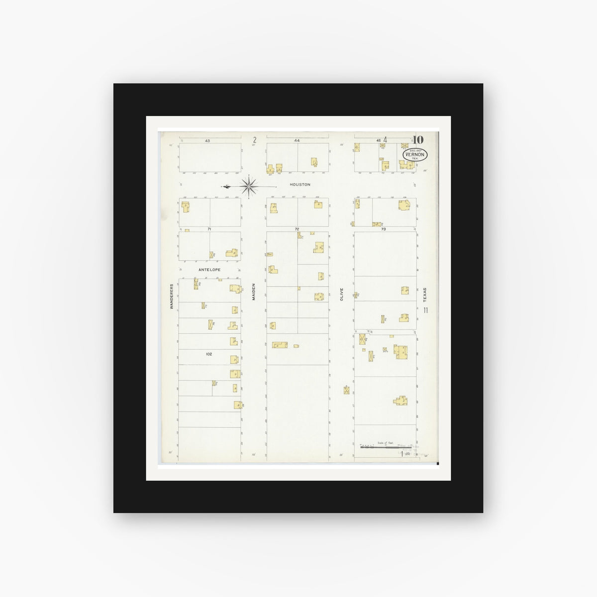 Old map wall art mockup — black gallery frame with white mat — Sanborn Fire Insurance Map from Vernon, Wilbarger County, Texas (1907), Sheet #0010