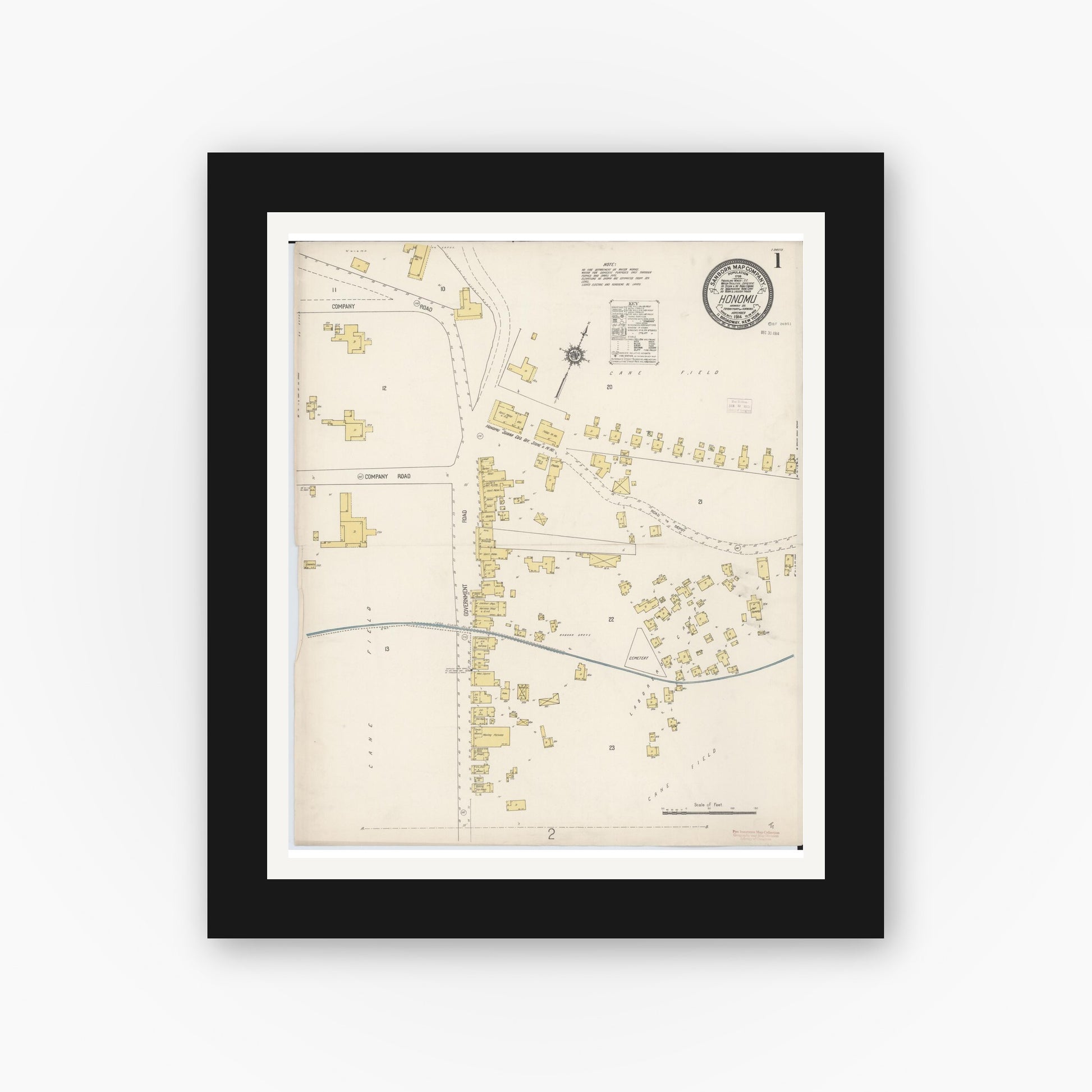Old map wall art mockup — black gallery frame with white mat — Sanborn Fire Insurance Map from Honomu, Hawaii County, Hawaii (1914), Sheet #0001