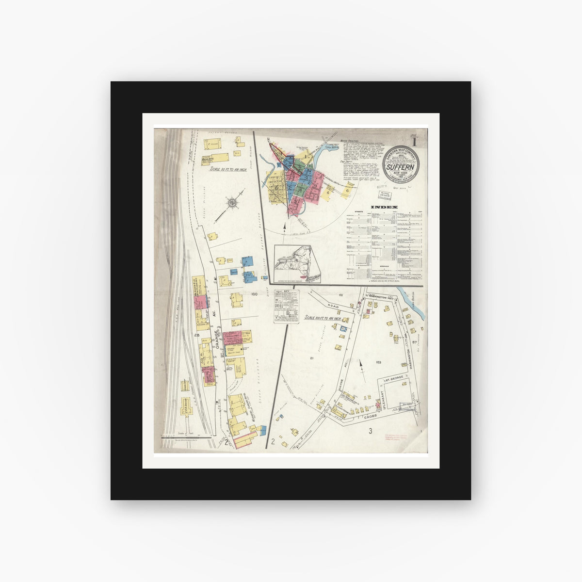 Old map wall art mockup — black gallery frame with white mat — Sanborn Fire Insurance Map from Suffern, Rockland County, New York (1921) - Complete Map Set