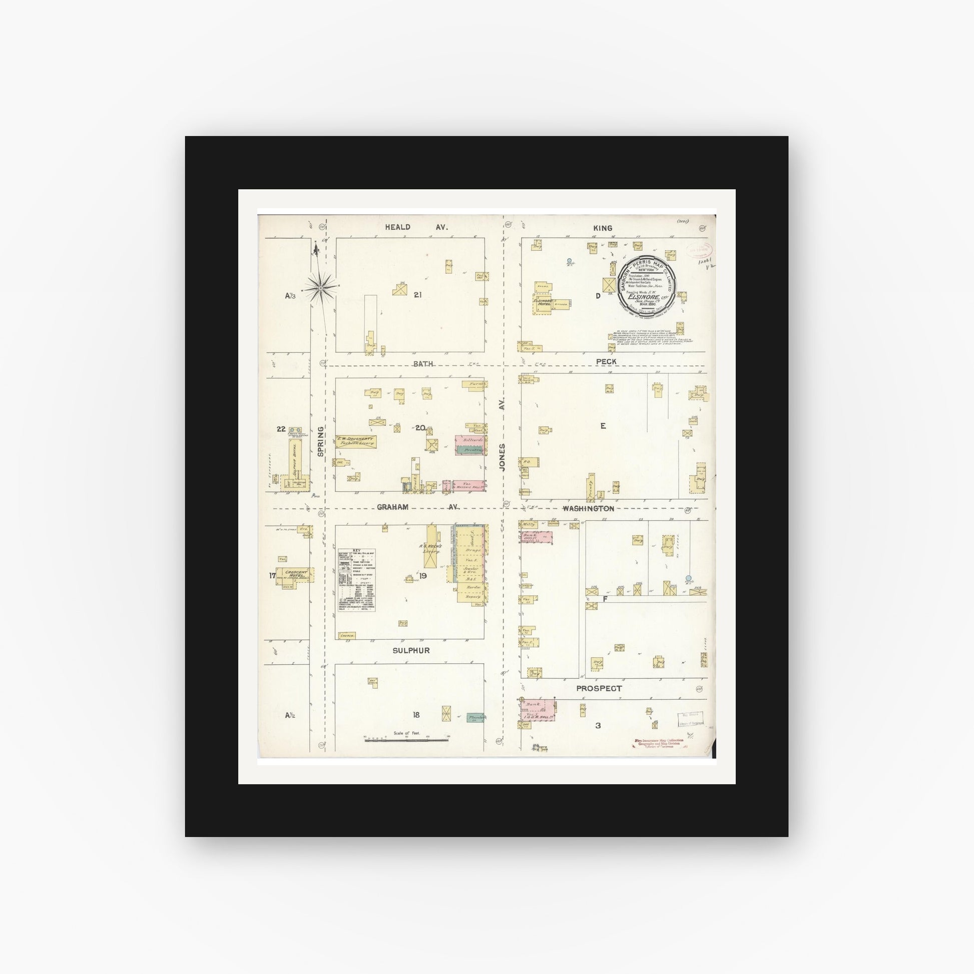Old map wall art mockup — black gallery frame with white mat — Sanborn Fire Insurance Map from Elsinore, Riverside County, California (1890), Sheet #0001